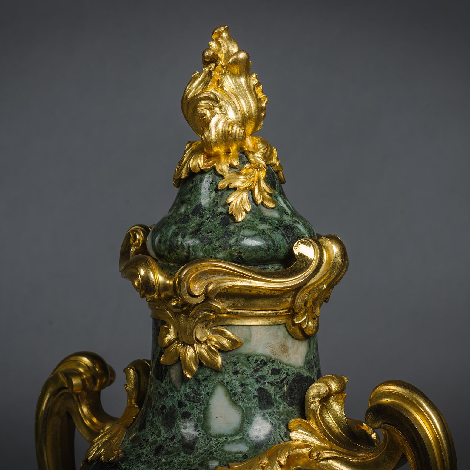 French Pair of Louis XVI Style Verde Antico Marble Vases  For Sale