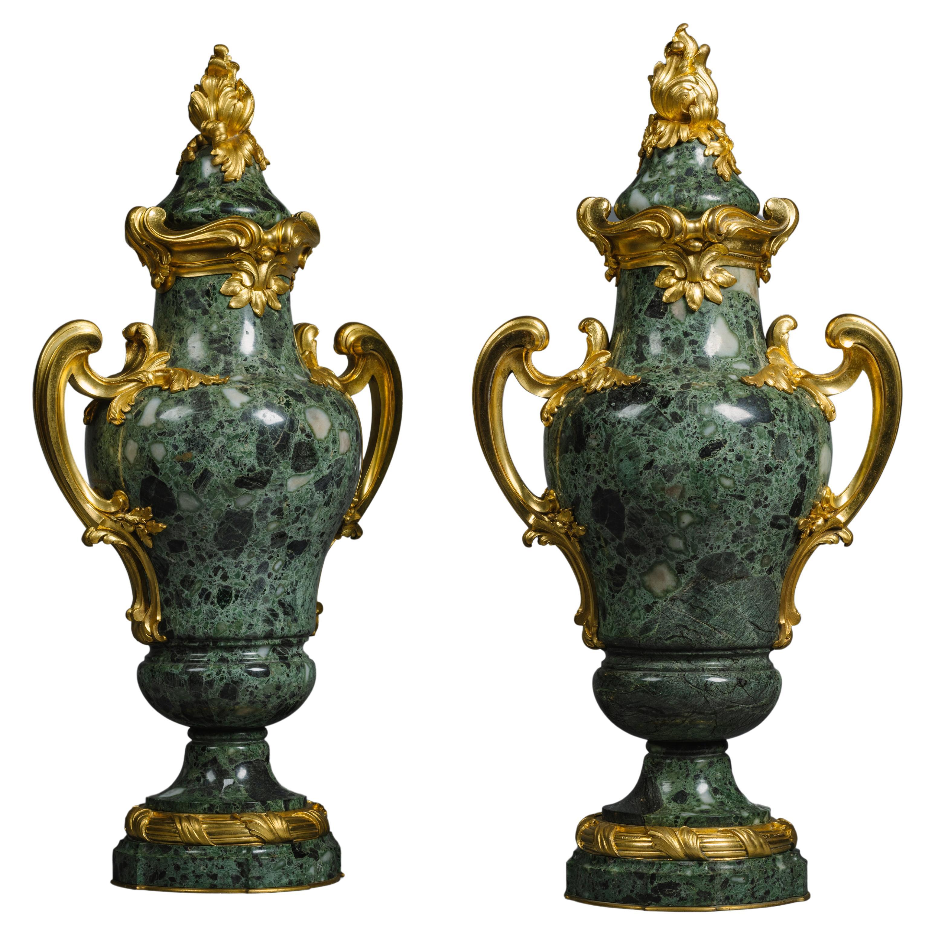 Pair of Louis XVI Style Verde Antico Marble Vases  For Sale