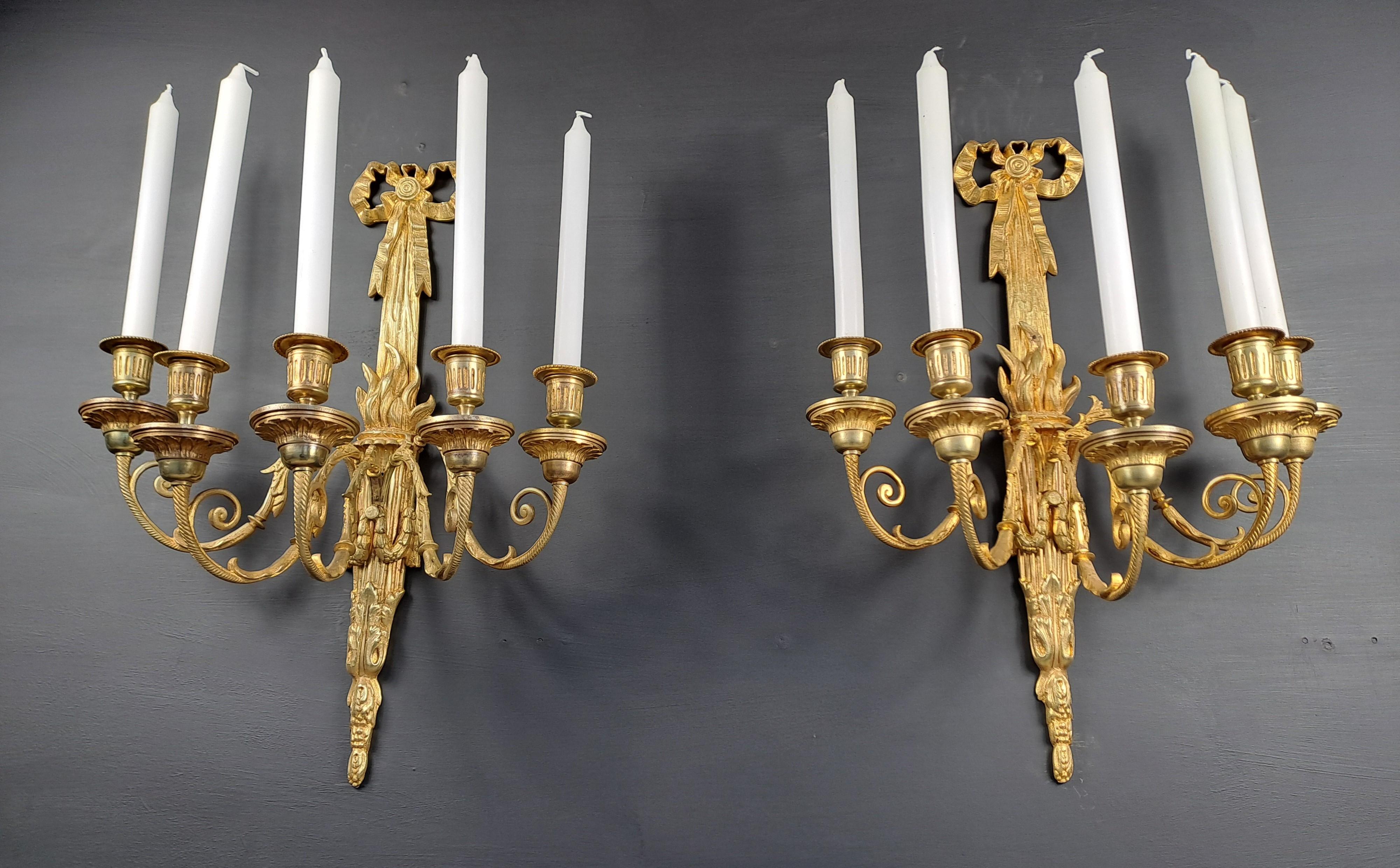 Pair Of Louis XVI Style Wall Lamps In Gilt Bronze For Sale 5