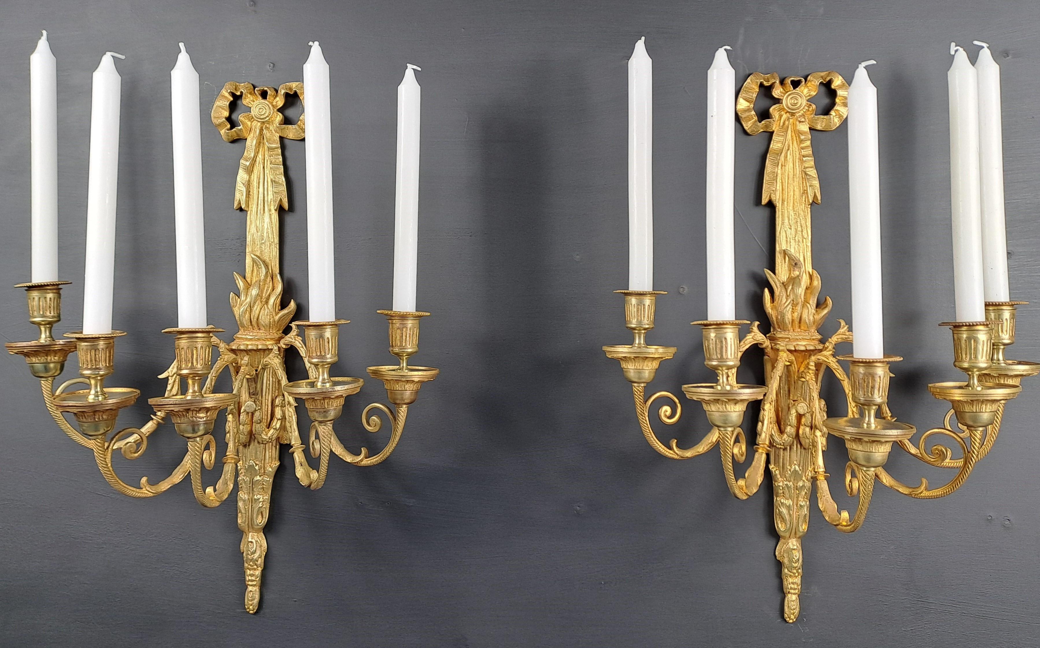Pair Of Louis XVI Style Wall Lamps In Gilt Bronze For Sale 6