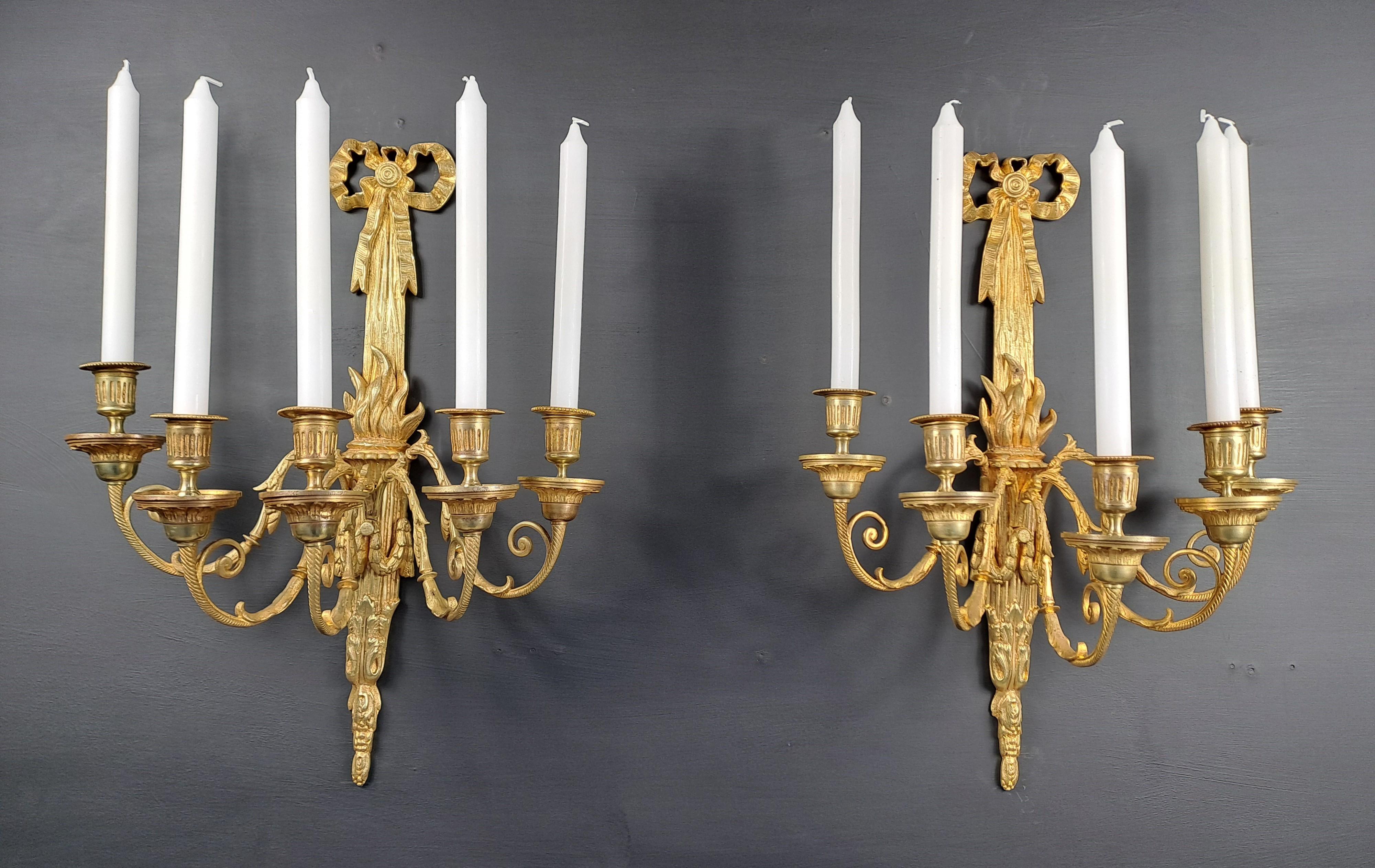 Pair Of Louis XVI Style Wall Lamps In Gilt Bronze For Sale 7