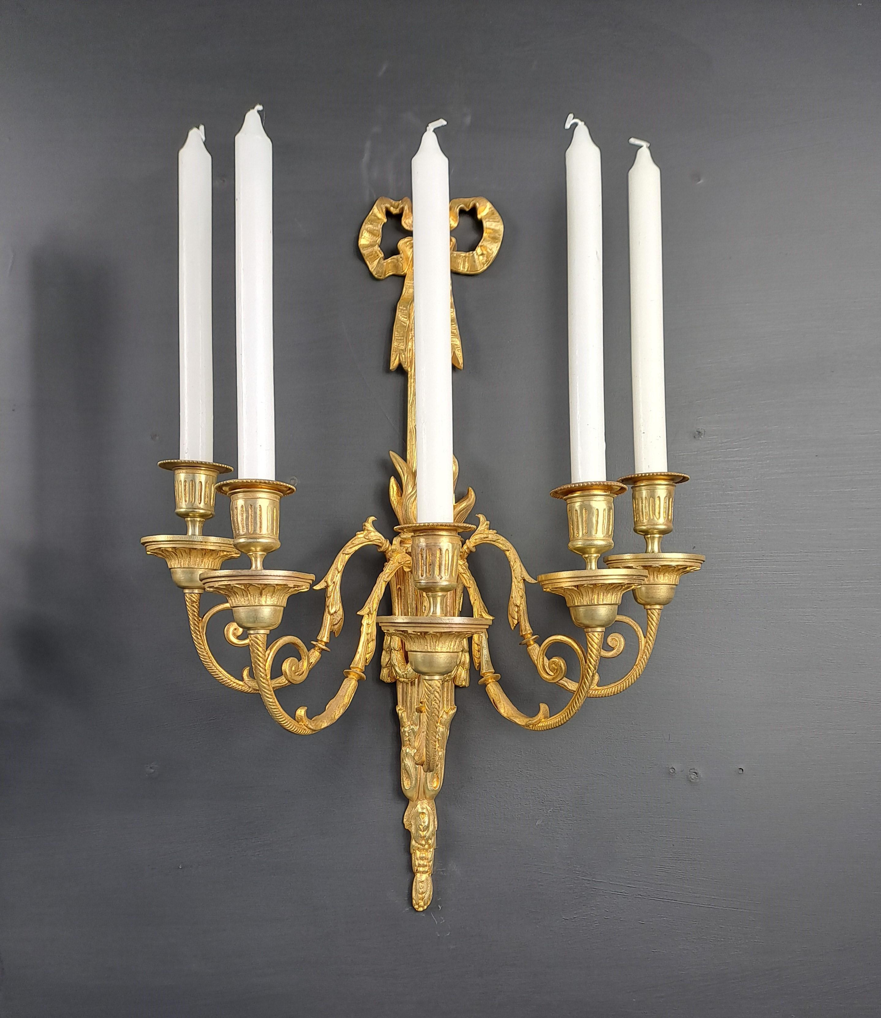 French Pair Of Louis XVI Style Wall Lamps In Gilt Bronze For Sale