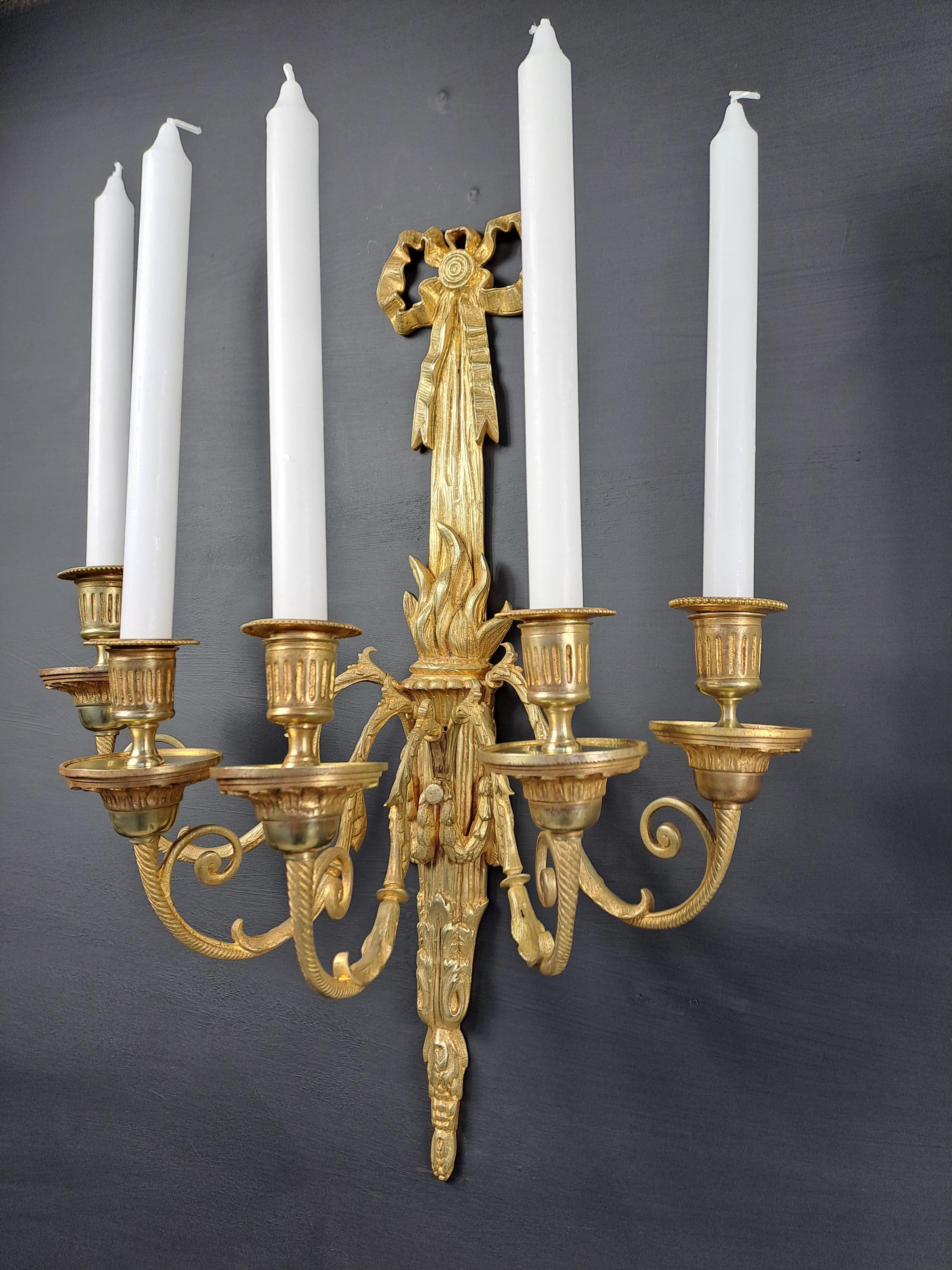 Pair Of Louis XVI Style Wall Lamps In Gilt Bronze For Sale 3