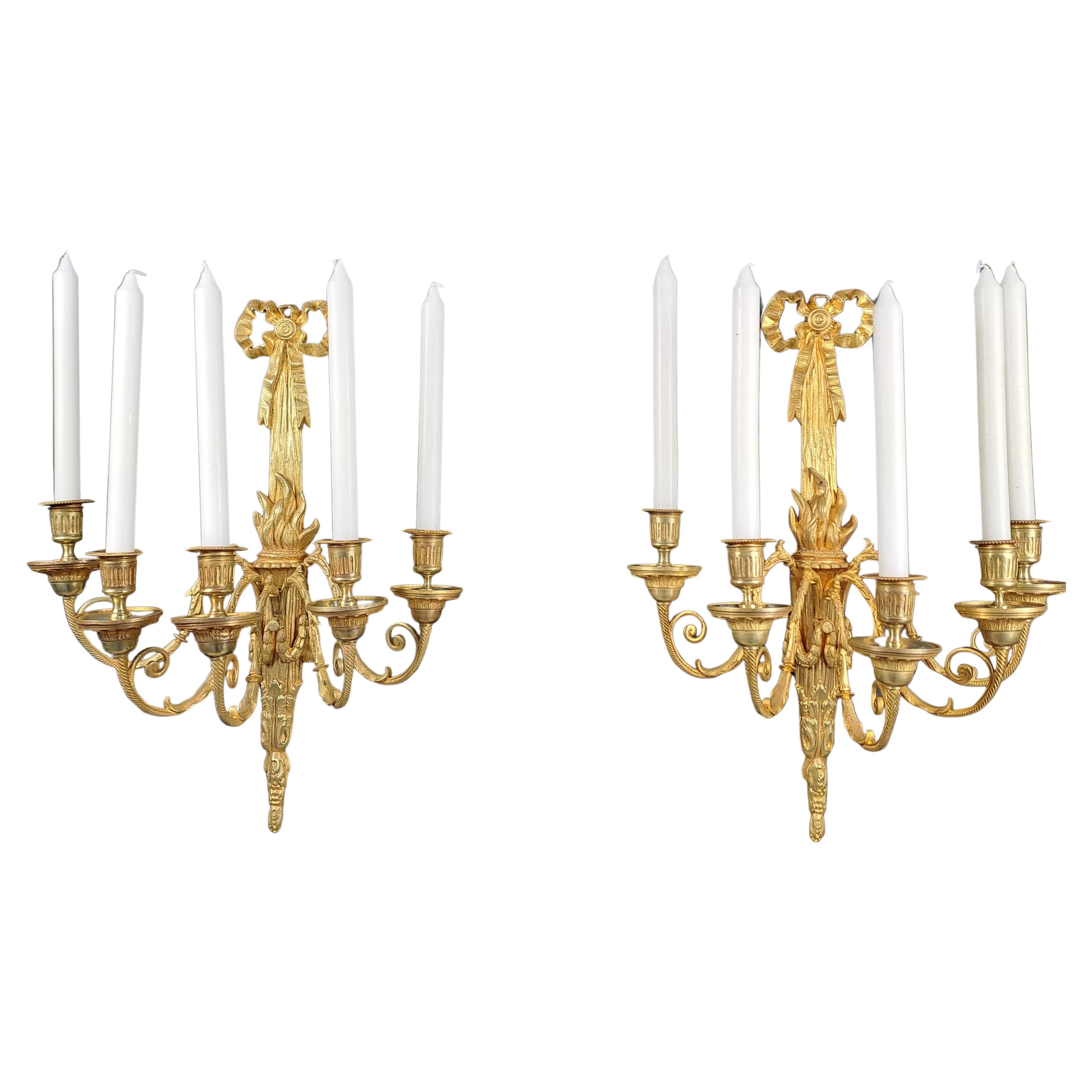 Pair Of Louis XVI Style Wall Lamps In Gilt Bronze For Sale