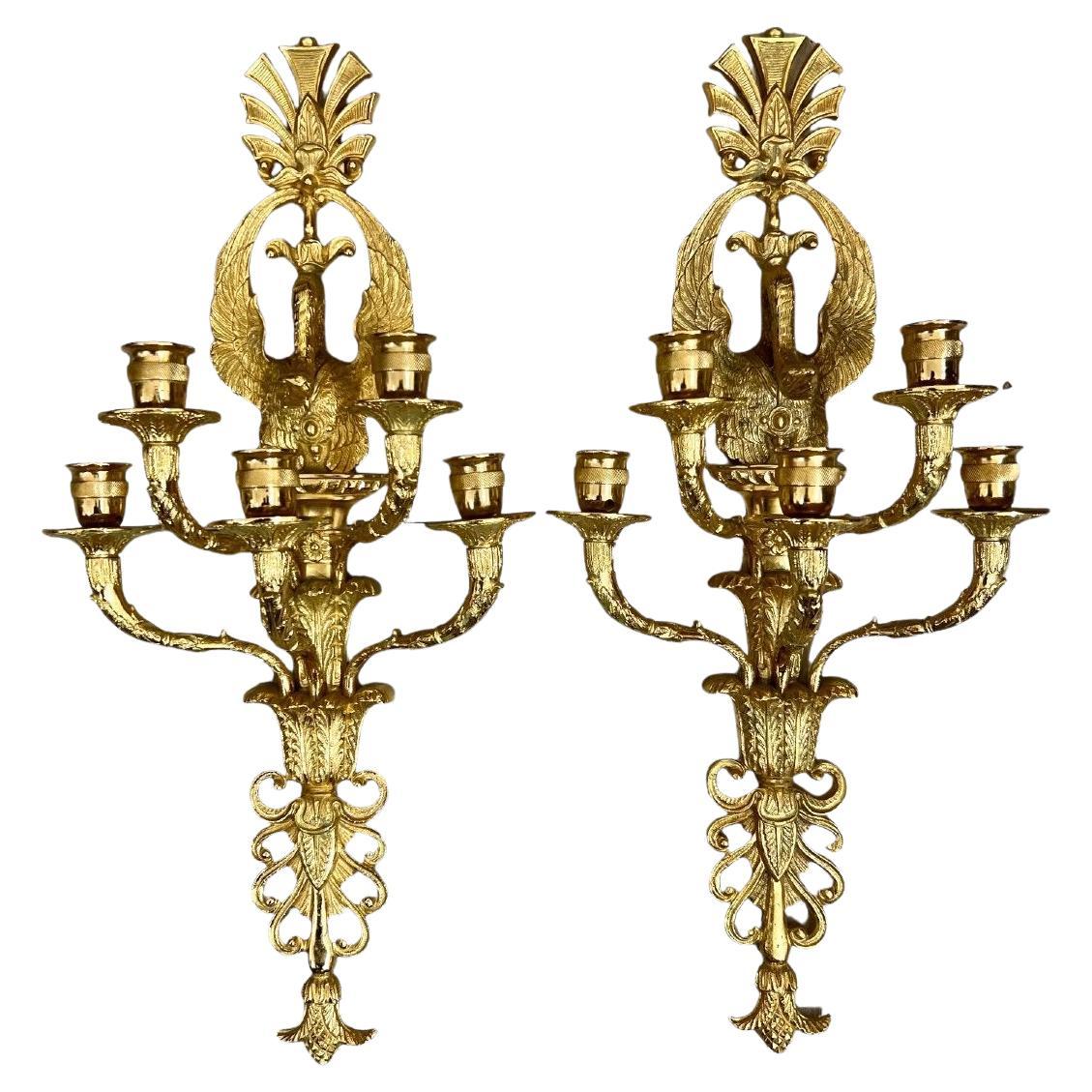 Pair of Louis XVI Style Wall Lamps in Gilt Bronze