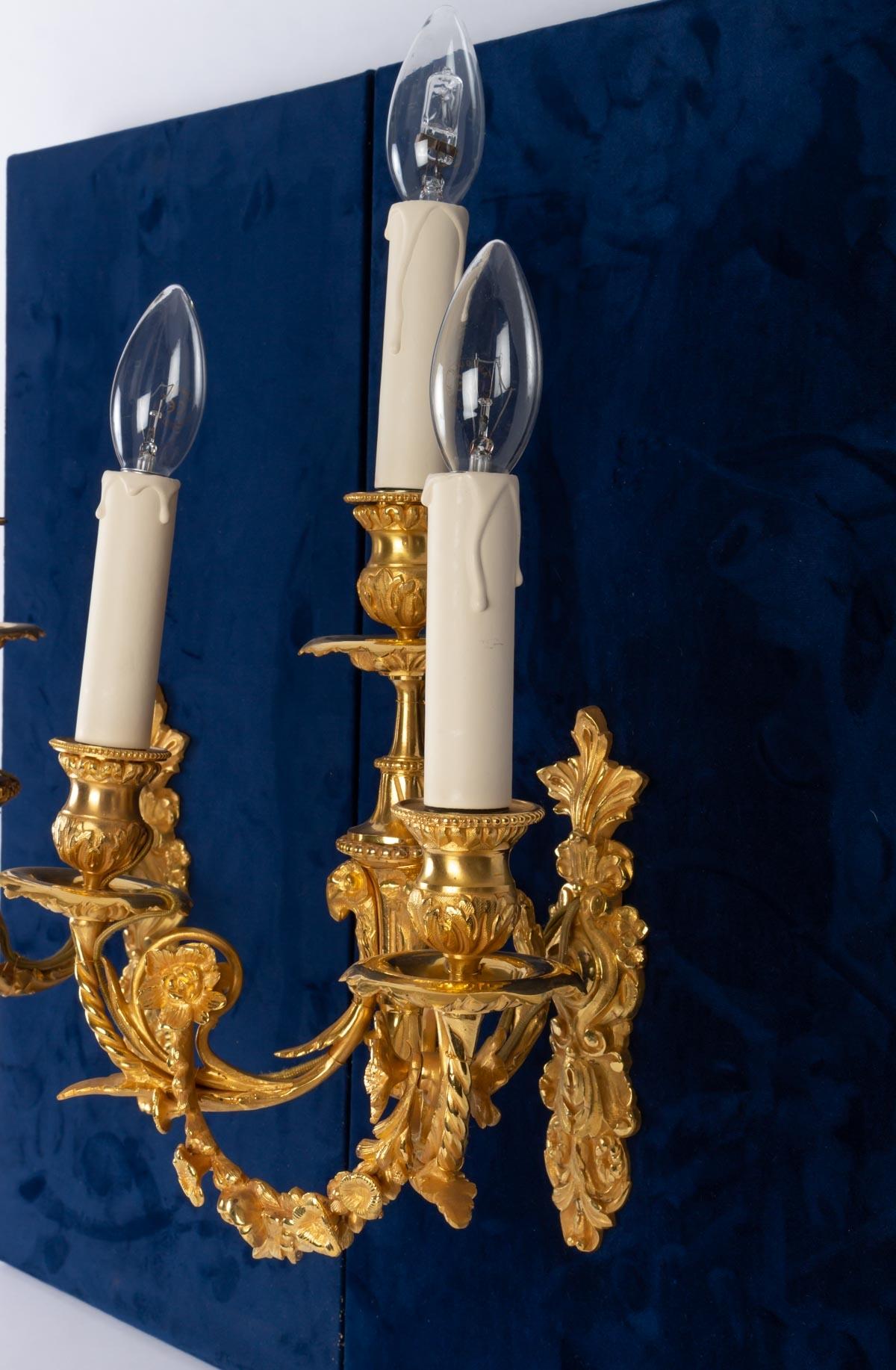 French Pair of Louis XVI Style Wall Lights, Gold Bronze