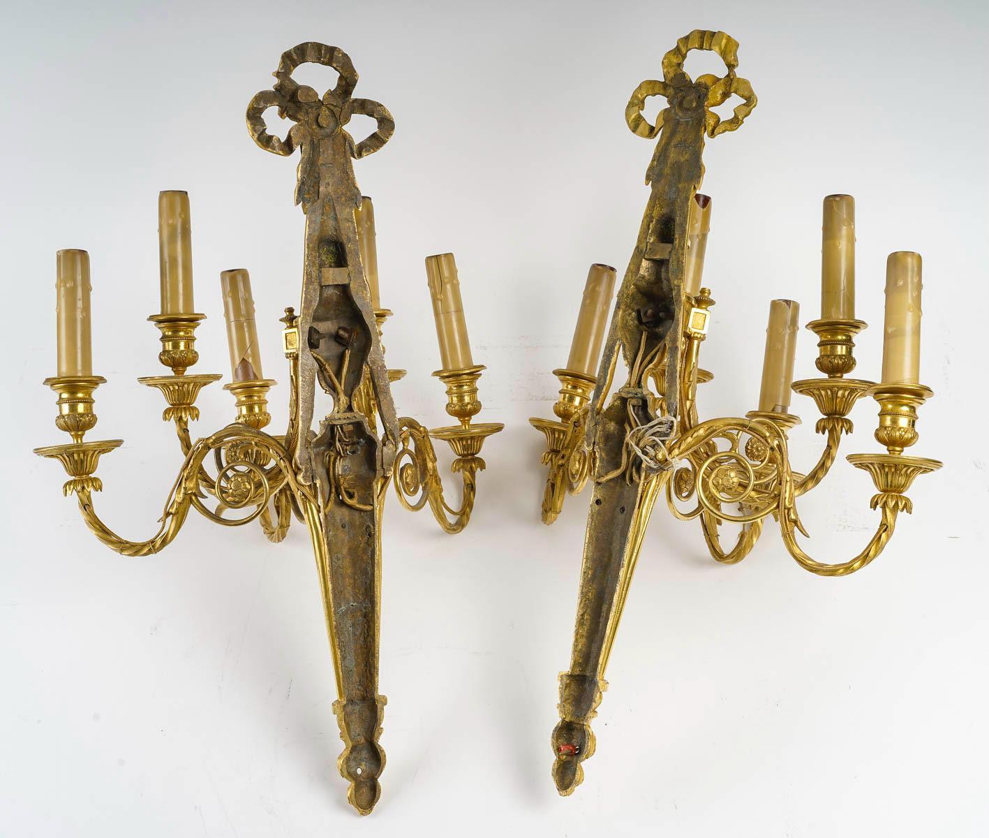 Pair of Louis XVI Style Wall Lights in Chased and Gilt Bronze. 2