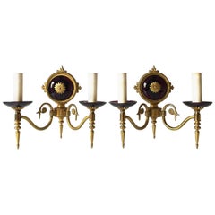 Pair of Louis XVI Style Wall Lights in Gilt Bronze and Purple Glass Elements