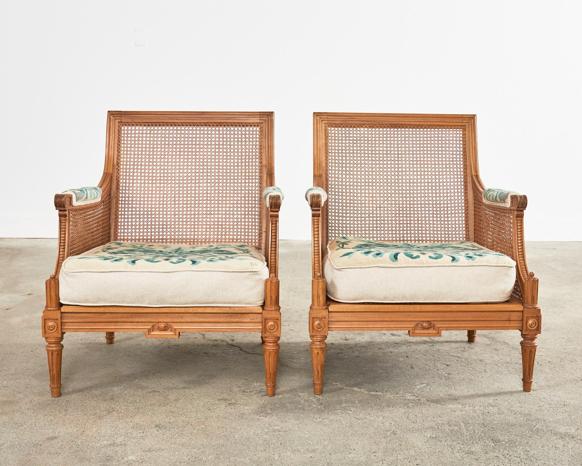 Pair of Louis XVI Style Walnut Caned Needlepoint Lounge Chairs For Sale 3