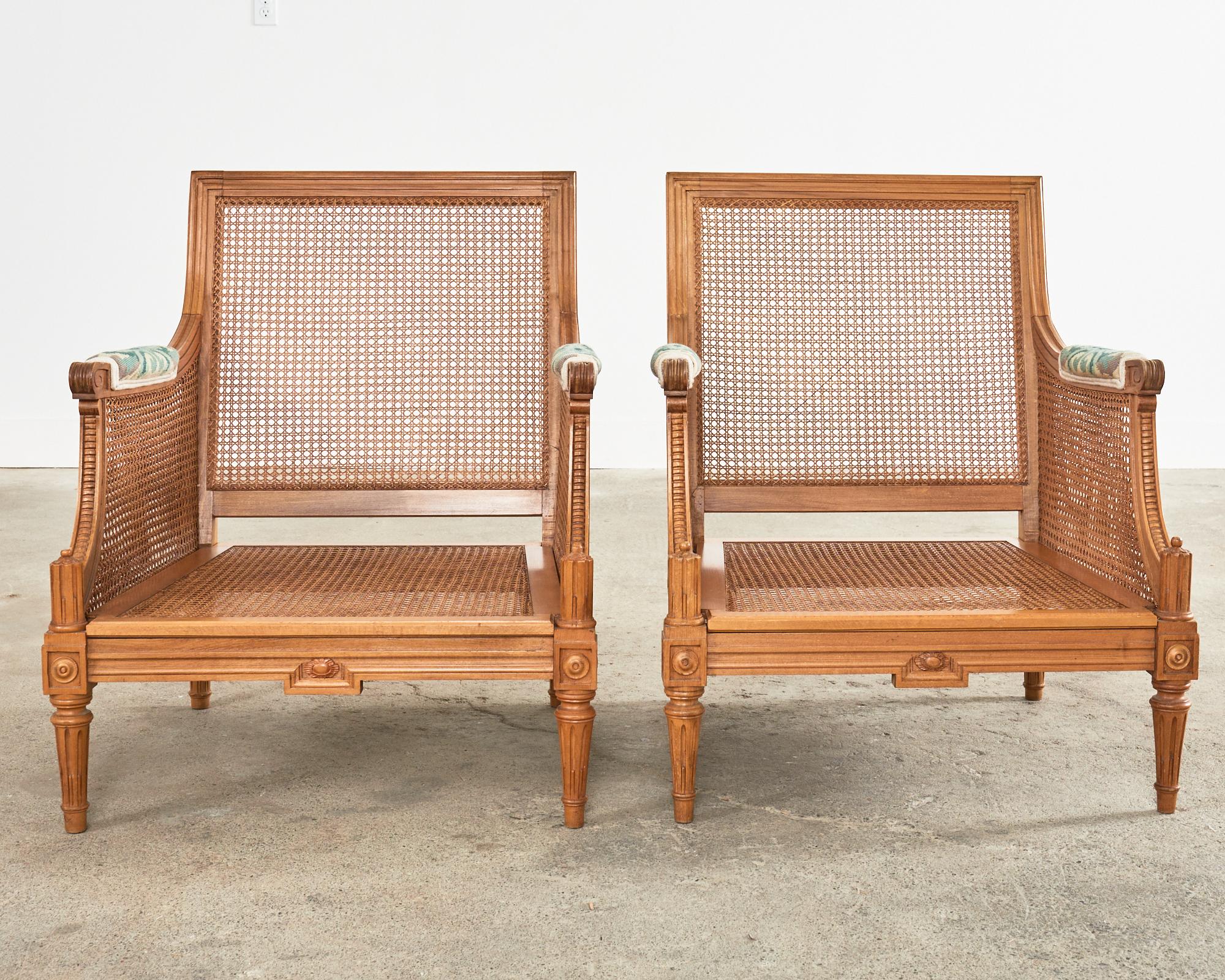 Pair of Louis XVI Style Walnut Caned Needlepoint Lounge Chairs For Sale 6