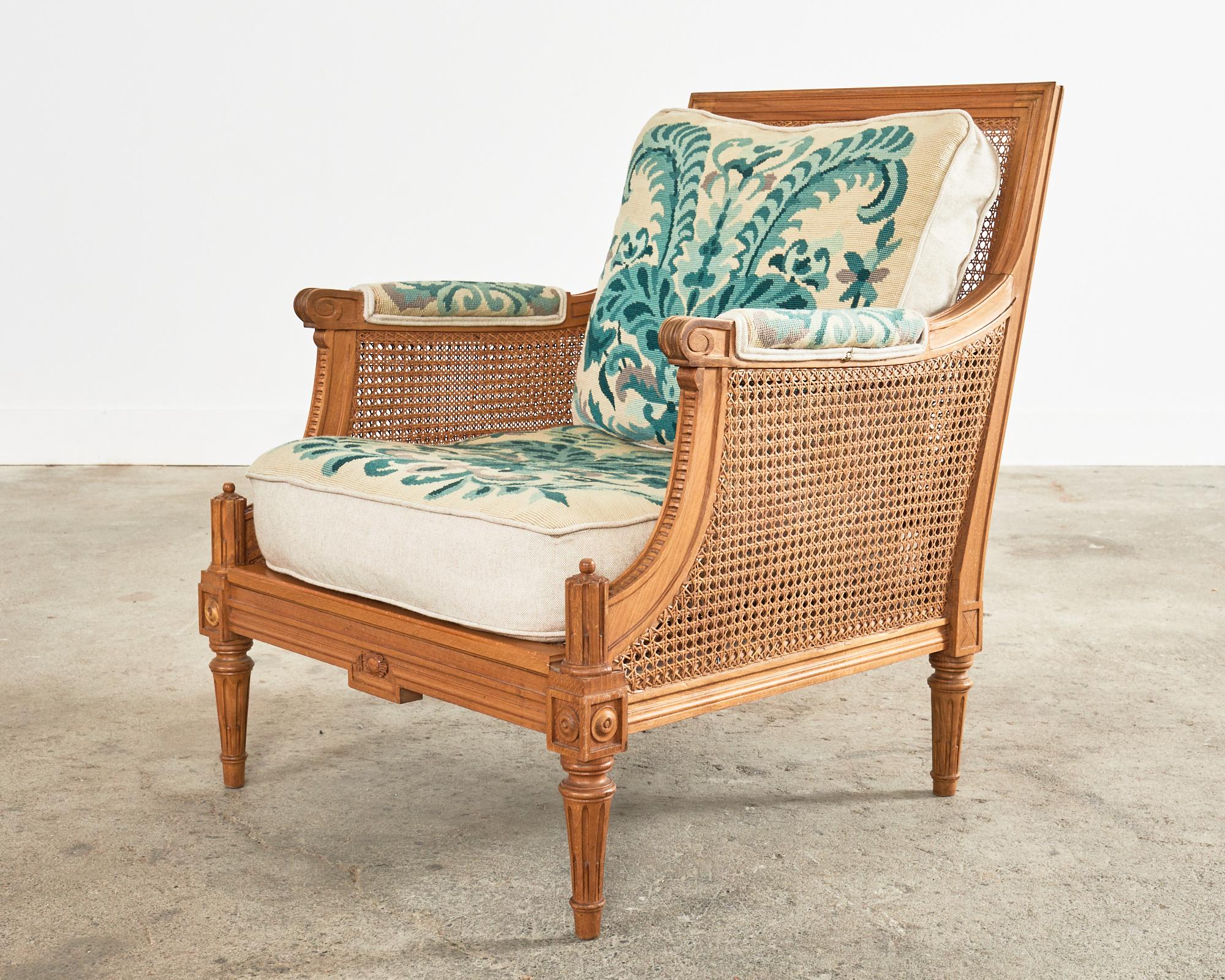 Pair of Louis XVI Style Walnut Caned Needlepoint Lounge Chairs For Sale 7