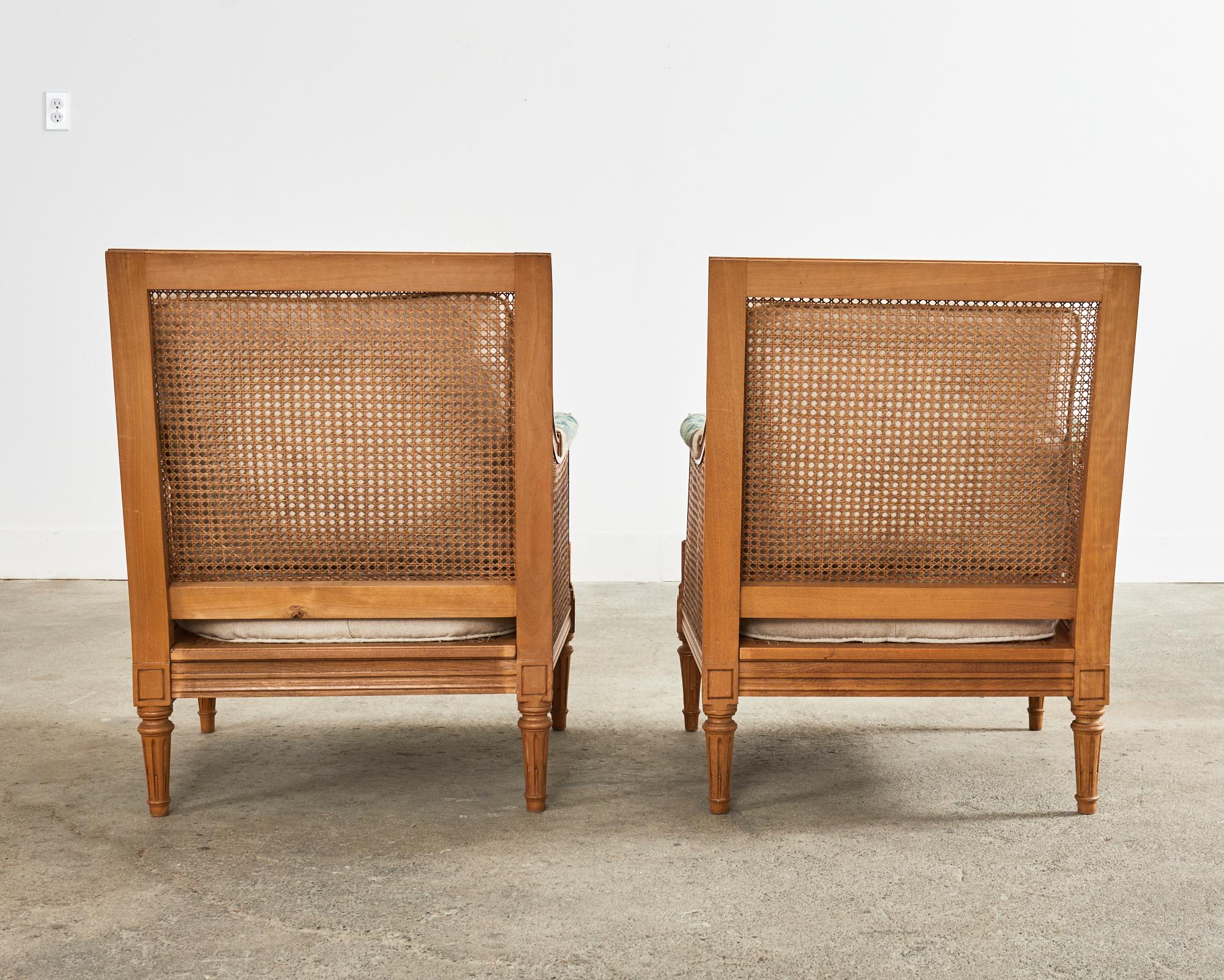 Pair of Louis XVI Style Walnut Caned Needlepoint Lounge Chairs For Sale 13