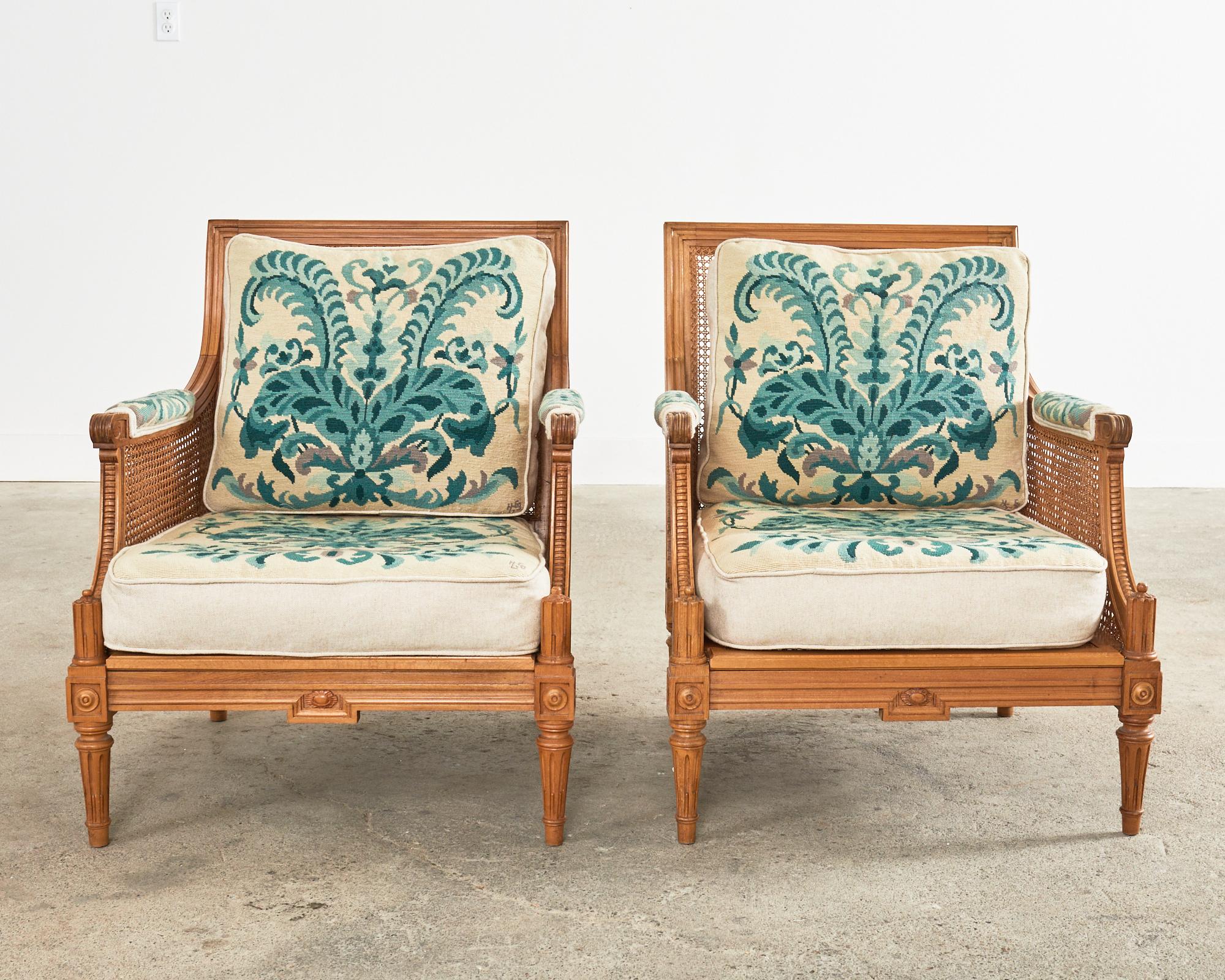French Pair of Louis XVI Style Walnut Caned Needlepoint Lounge Chairs For Sale