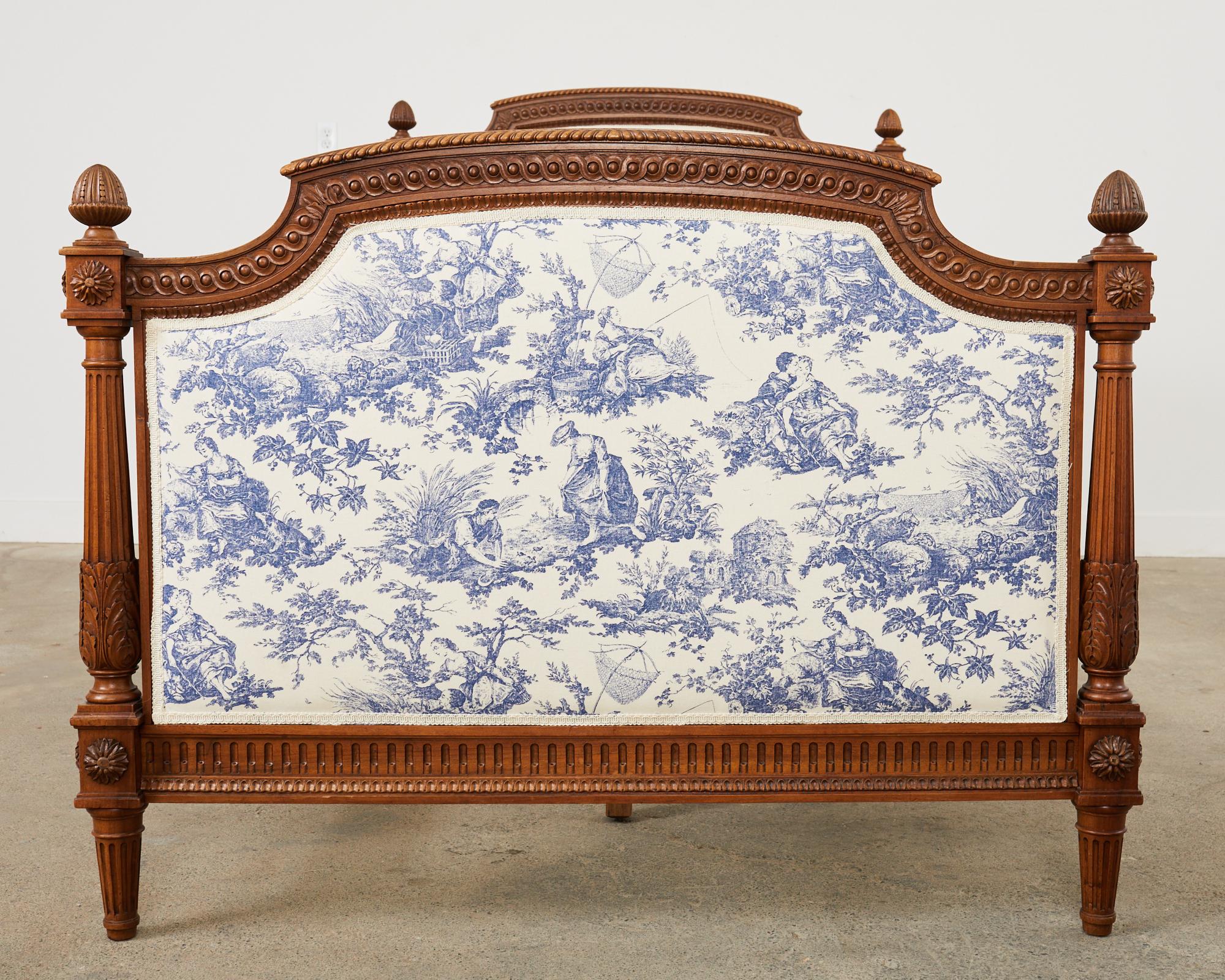 Iron Pair of Louis XVI Style Walnut Carved Beds with Toile  For Sale