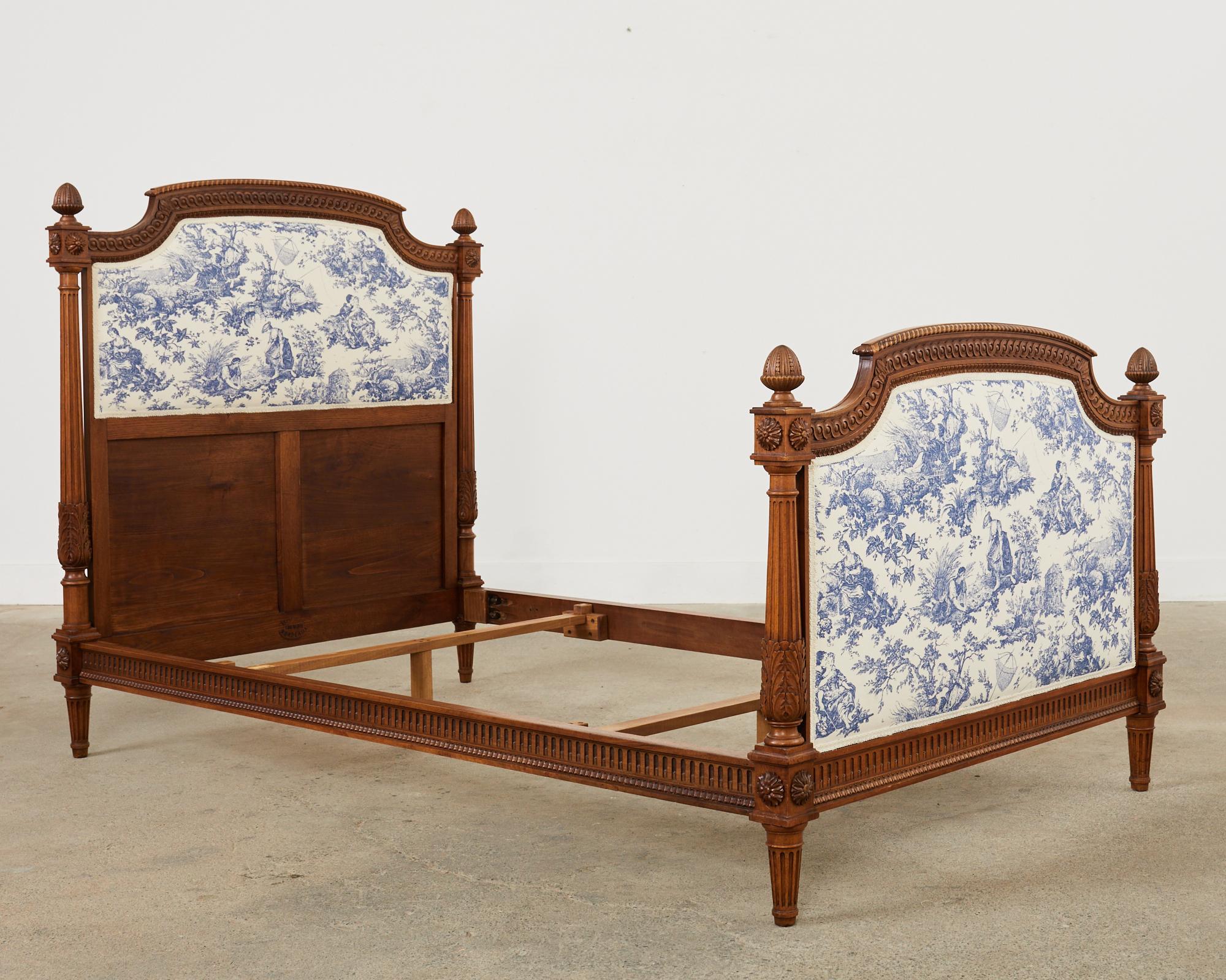 Pair of Louis XVI Style Walnut Carved Beds with Toile  For Sale 5