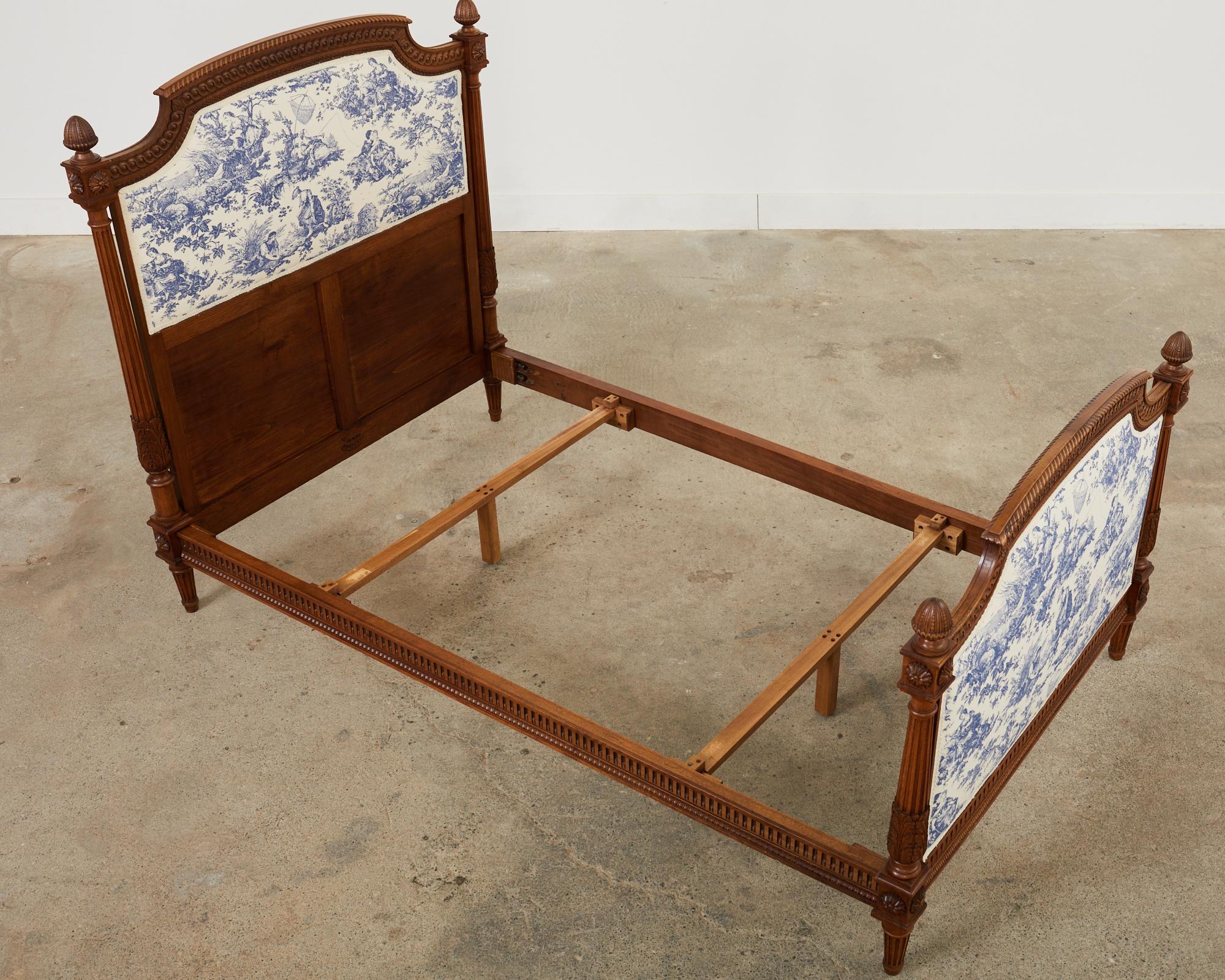 Pair of Louis XVI Style Walnut Carved Beds with Toile  For Sale 7