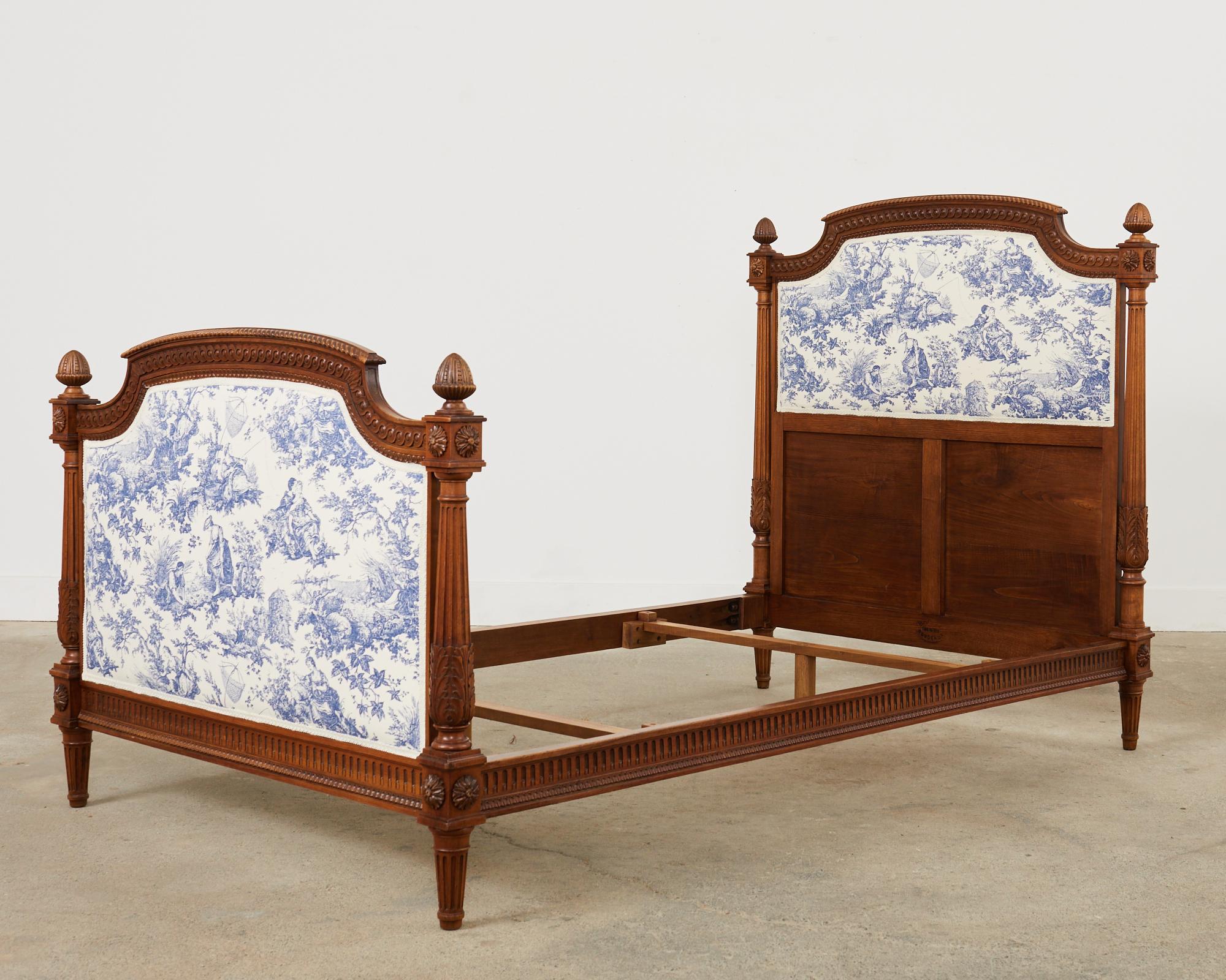 French Pair of Louis XVI Style Walnut Carved Beds with Toile  For Sale