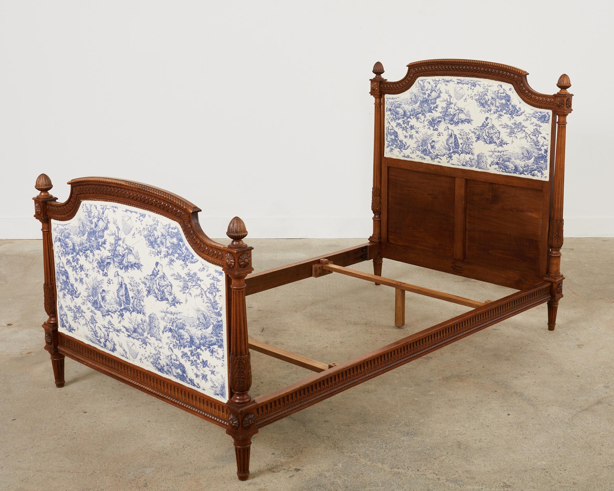 Hand-Crafted Pair of Louis XVI Style Walnut Carved Beds with Toile  For Sale