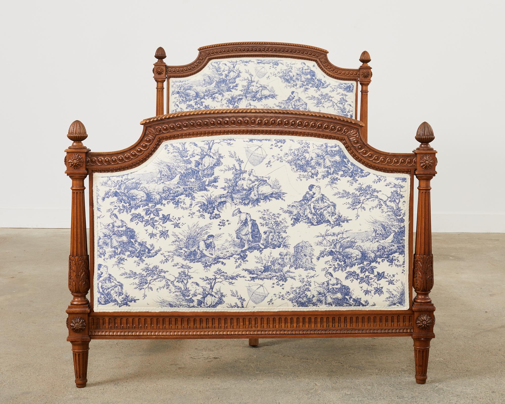 Pair of Louis XVI Style Walnut Carved Beds with Toile  In Good Condition For Sale In Rio Vista, CA