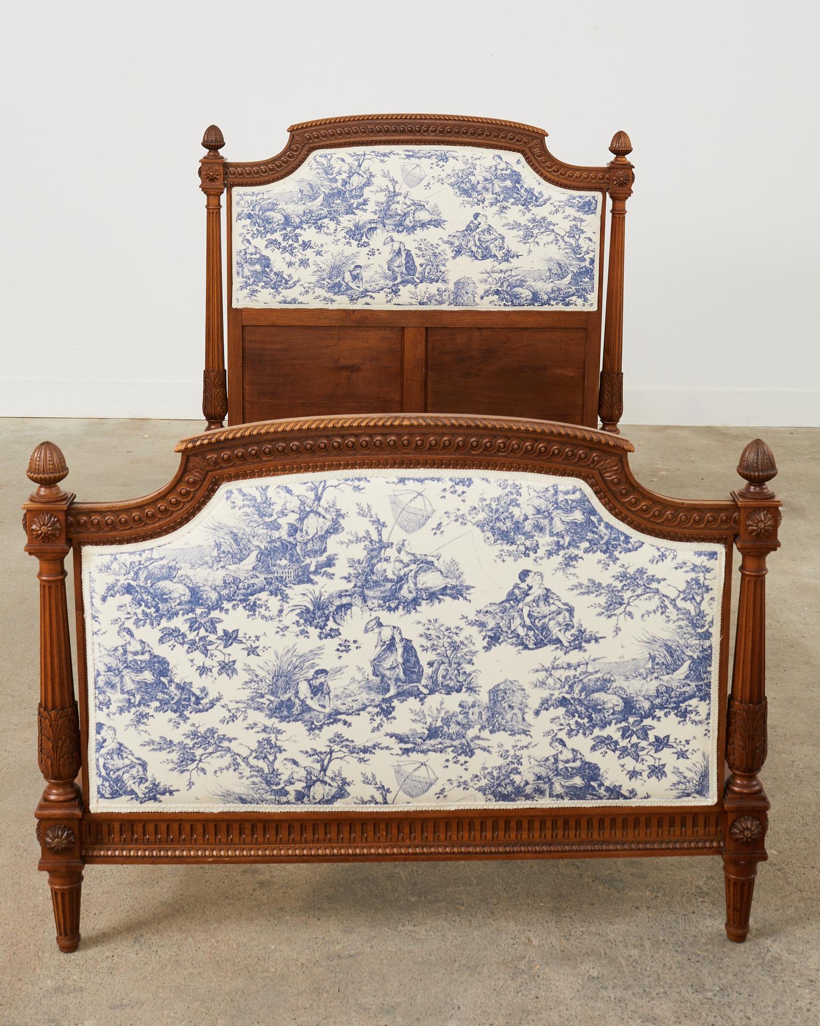 20th Century Pair of Louis XVI Style Walnut Carved Beds with Toile  For Sale