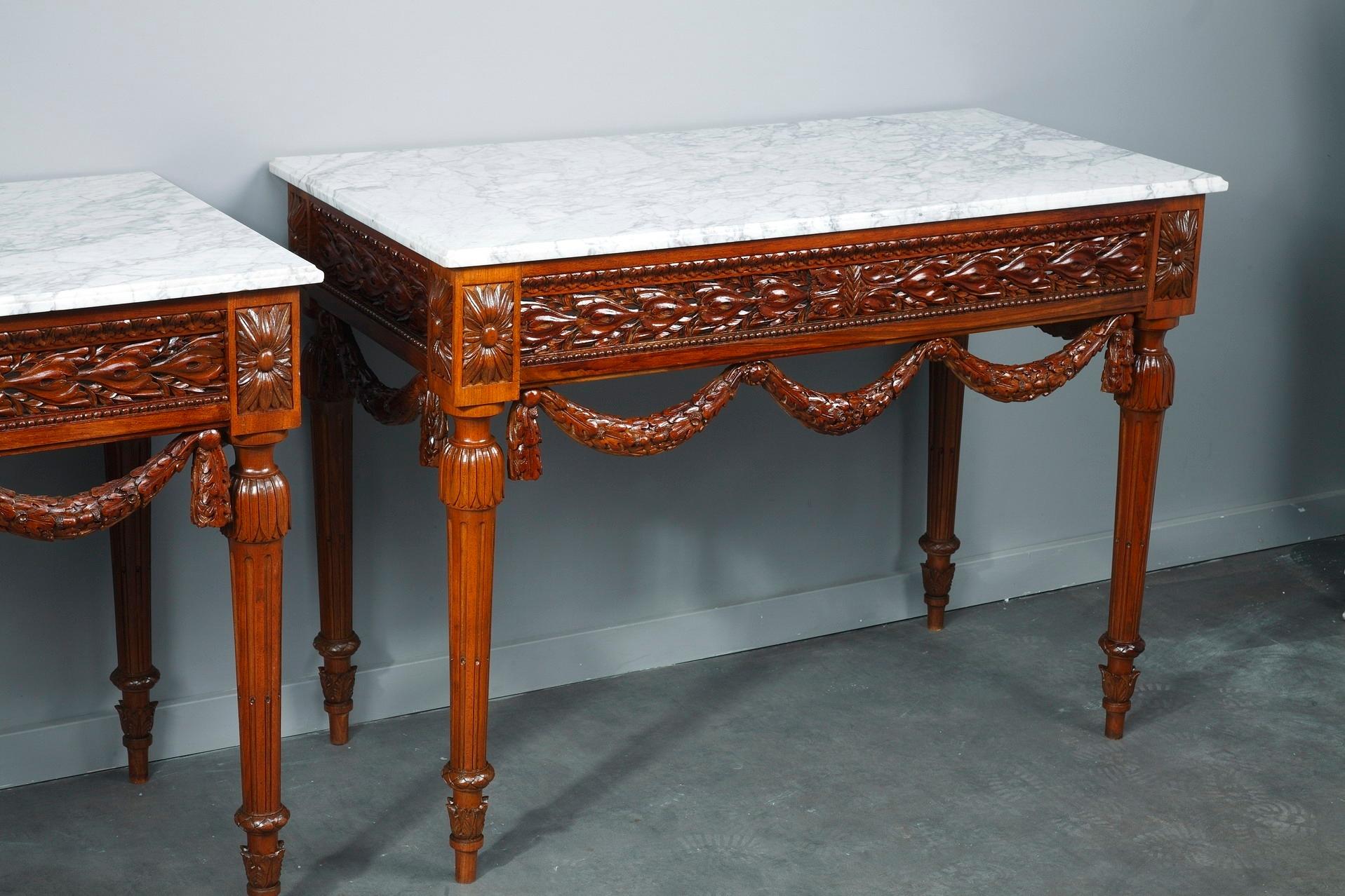 French Pair of Louis XVI-Style Walnut Consoles Tables For Sale