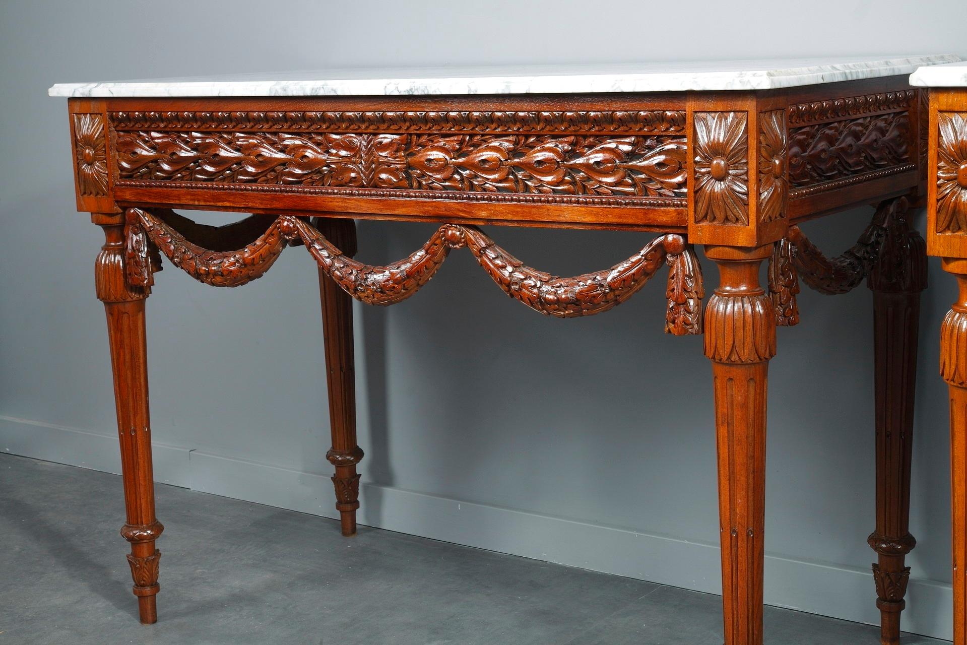 Marble Pair of Louis XVI-Style Walnut Consoles Tables For Sale
