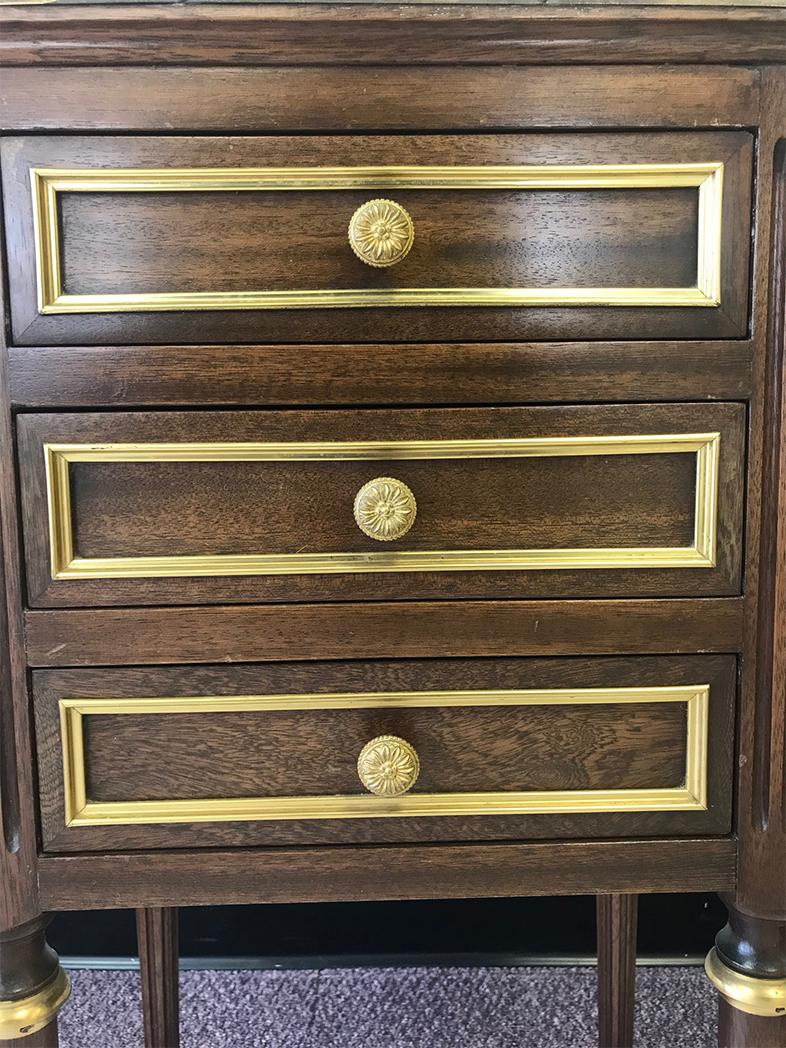 Metalwork Pair of Louis XVI Style Walnut, Marble and Brass End Tables
