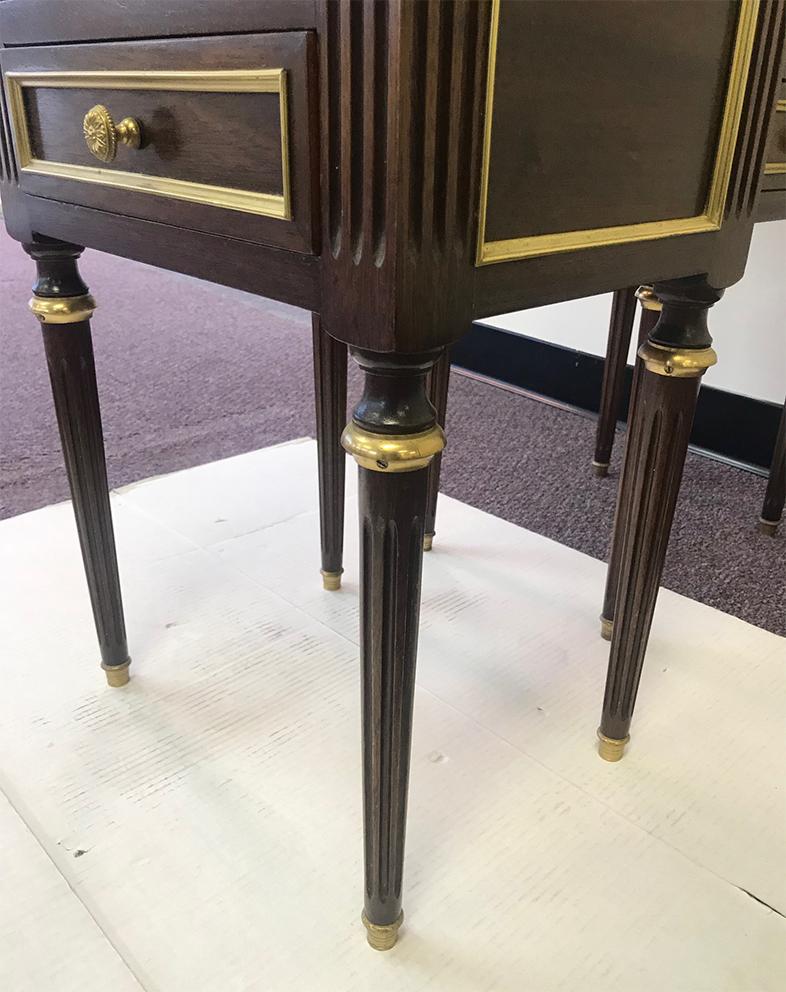 20th Century Pair of Louis XVI Style Walnut, Marble and Brass End Tables