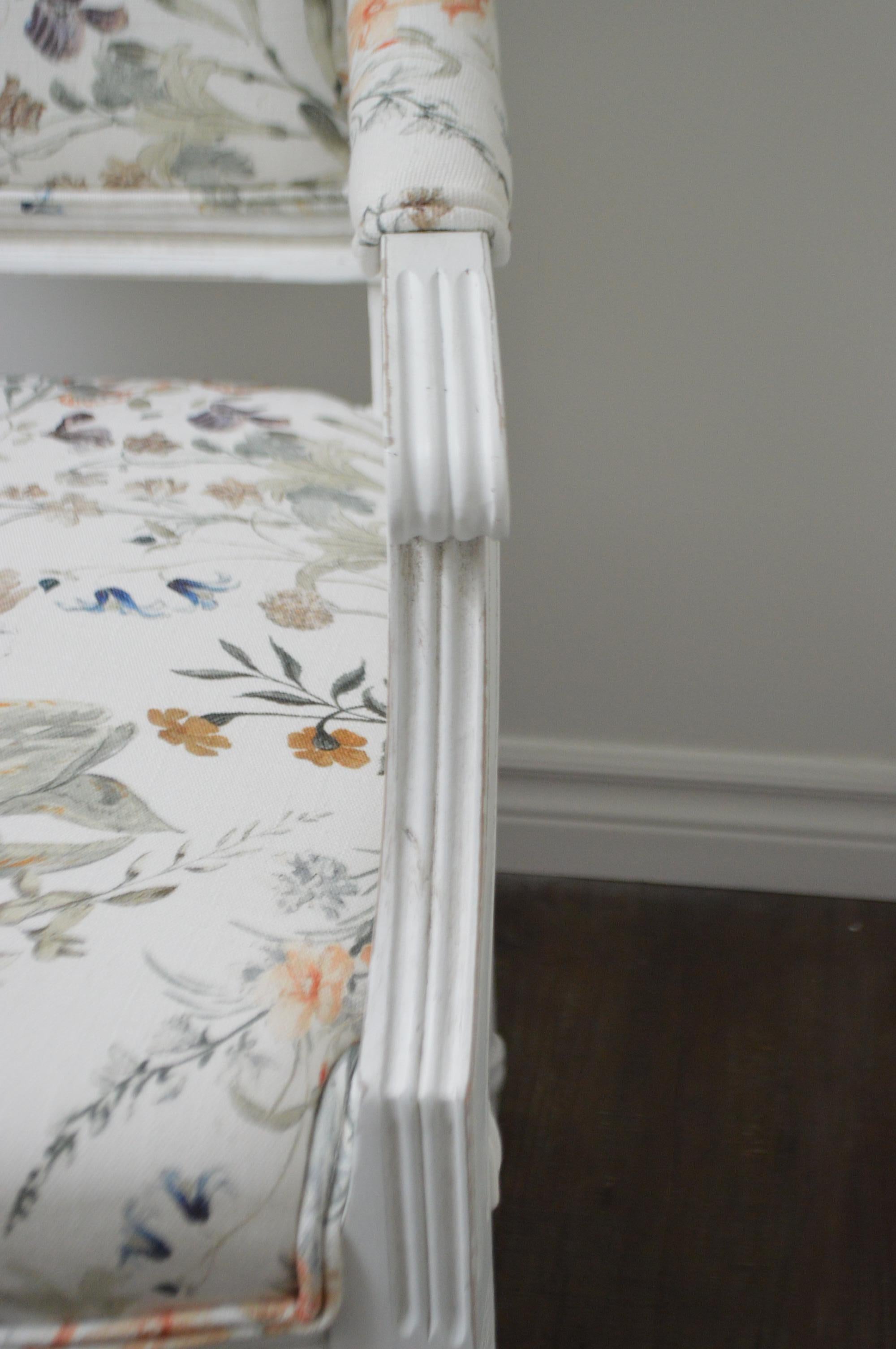 Pair of Louis XVI Style White Painted Armchairs, Upholstered with a Print Fabric For Sale 1