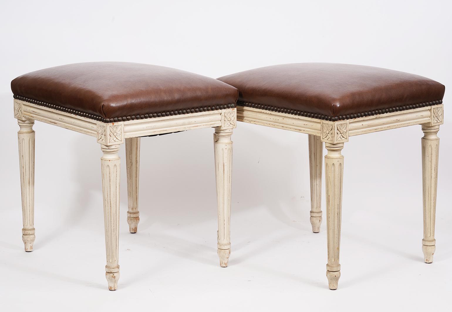 French Pair of Louis XVI Style White Painted Upholstered and Leather Covered Benches