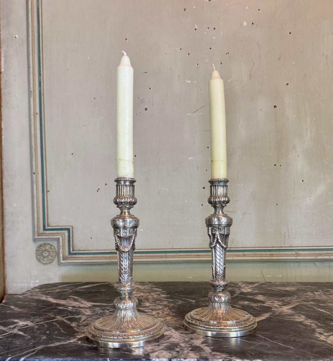 Pareja De Candeleros Wolfers Estilo Luis XVI, Plata de Ley, Sello 950/1000 en venta 4