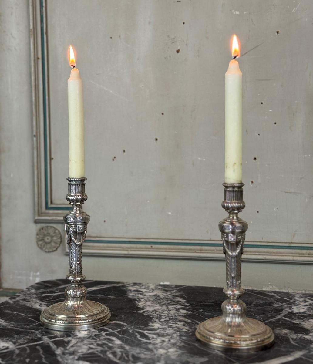 Pareja De Candeleros Wolfers Estilo Luis XVI, Plata de Ley, Sello 950/1000 en venta 6