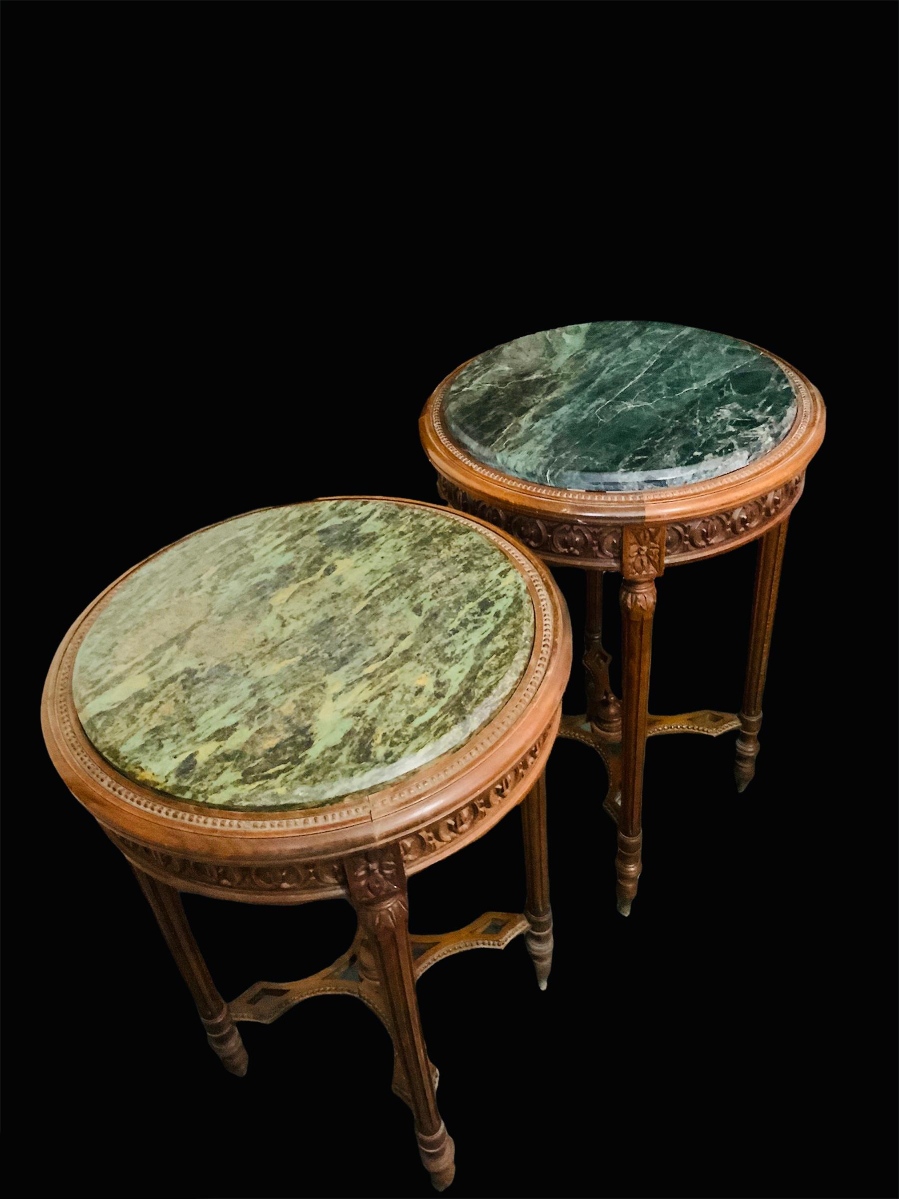 Unknown Pair Of Louis XVI Style Wood And Green Marble Top Side/End Tables