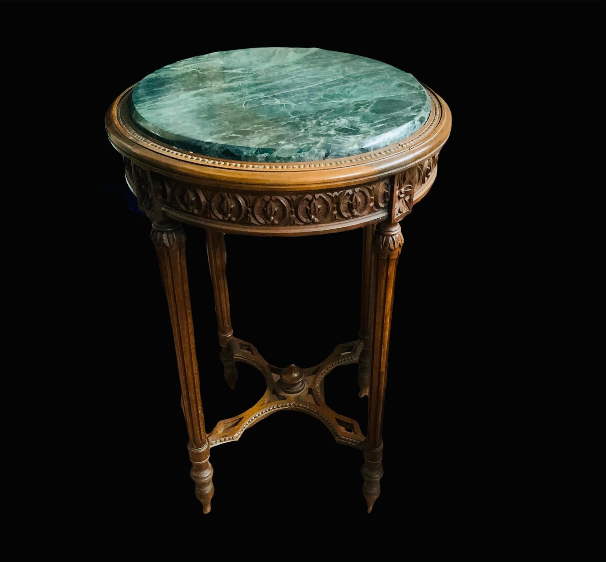Hand-Carved Pair Of Louis XVI Style Wood And Green Marble Top Side/End Tables