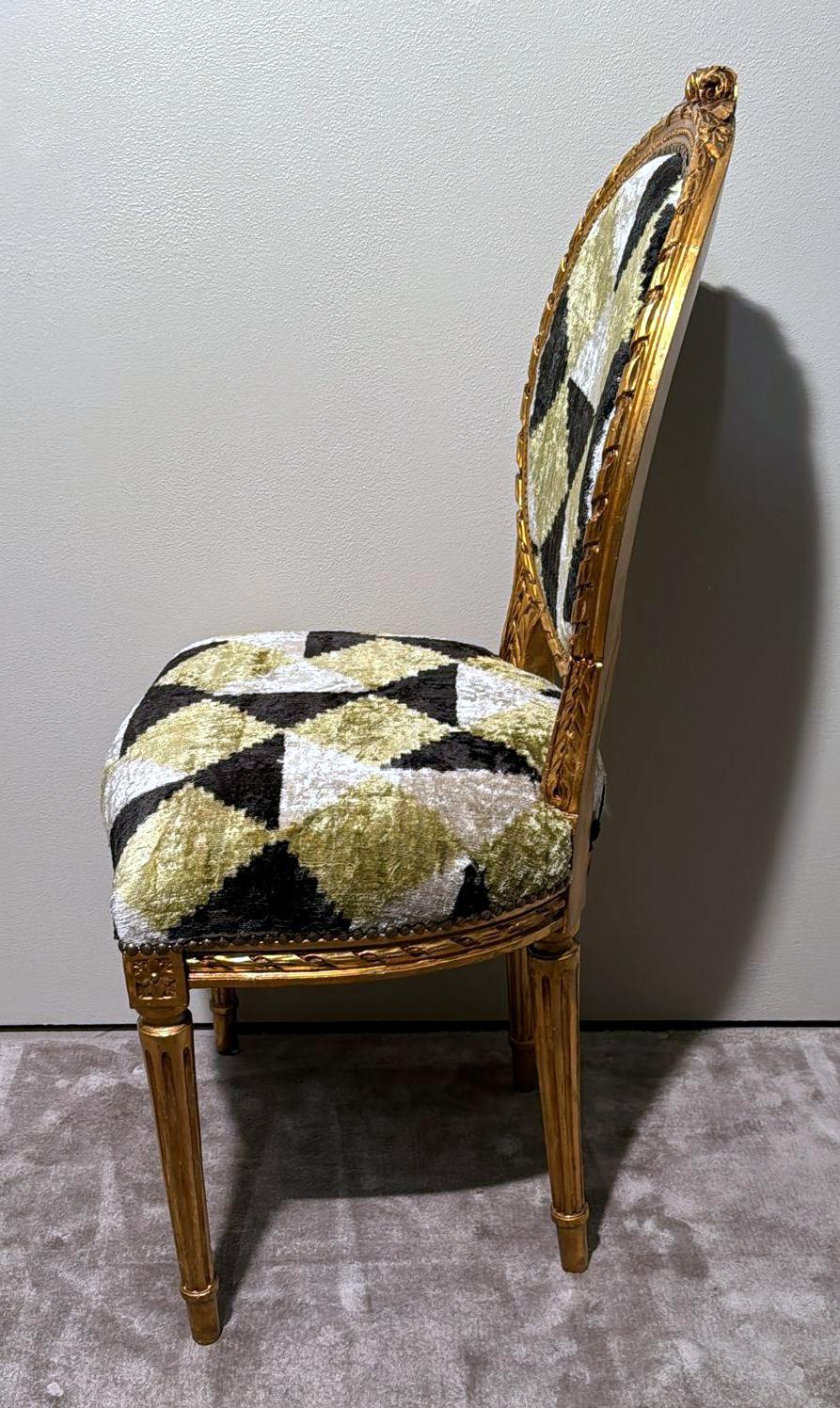 Pair Of Louis XVI-Style Wooden Chairs Gold Leaf Finish And Ikat Silk Velvet For Sale 5