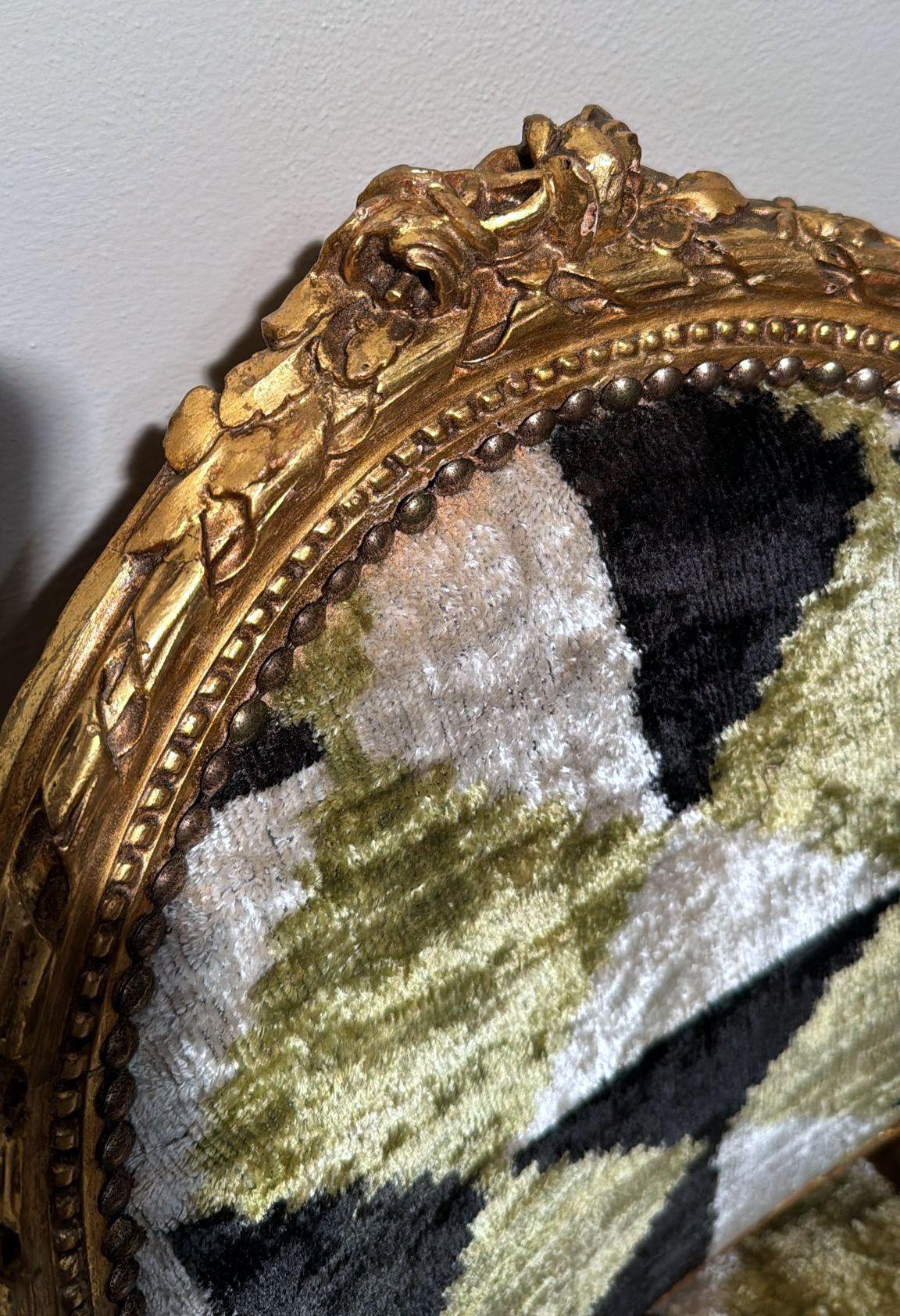 Pair Of Louis XVI-Style Wooden Chairs Gold Leaf Finish And Ikat Silk Velvet For Sale 10