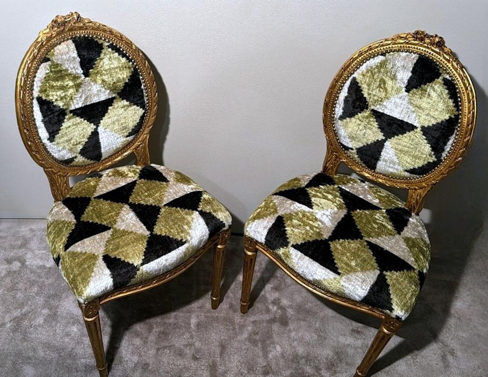 Hand-Crafted Pair Of Louis XVI-Style Wooden Chairs Gold Leaf Finish And Ikat Silk Velvet For Sale