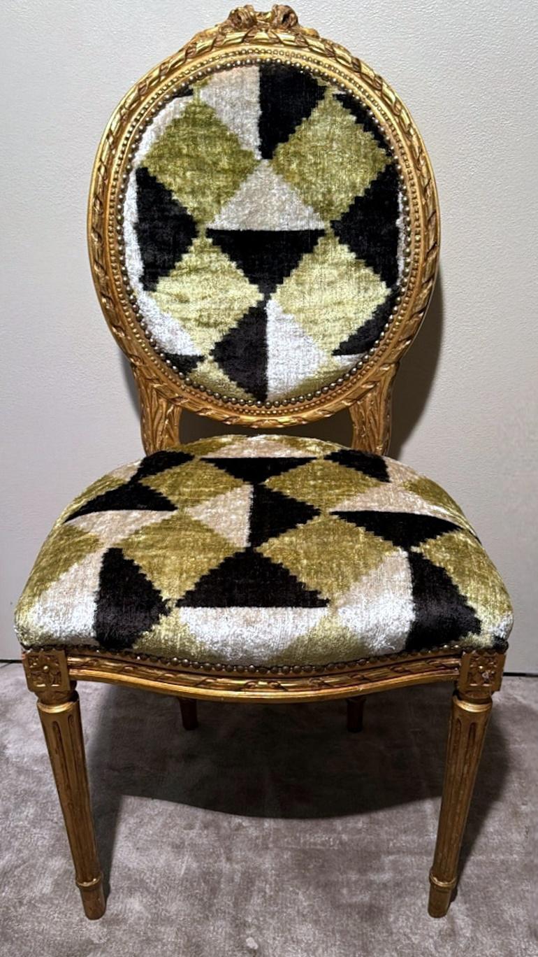 Pair Of Louis XVI-Style Wooden Chairs Gold Leaf Finish And Ikat Silk Velvet For Sale 2