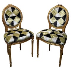 Antique Pair Of Louis XVI-Style Wooden Chairs Gold Leaf Finish And Ikat Silk Velvet