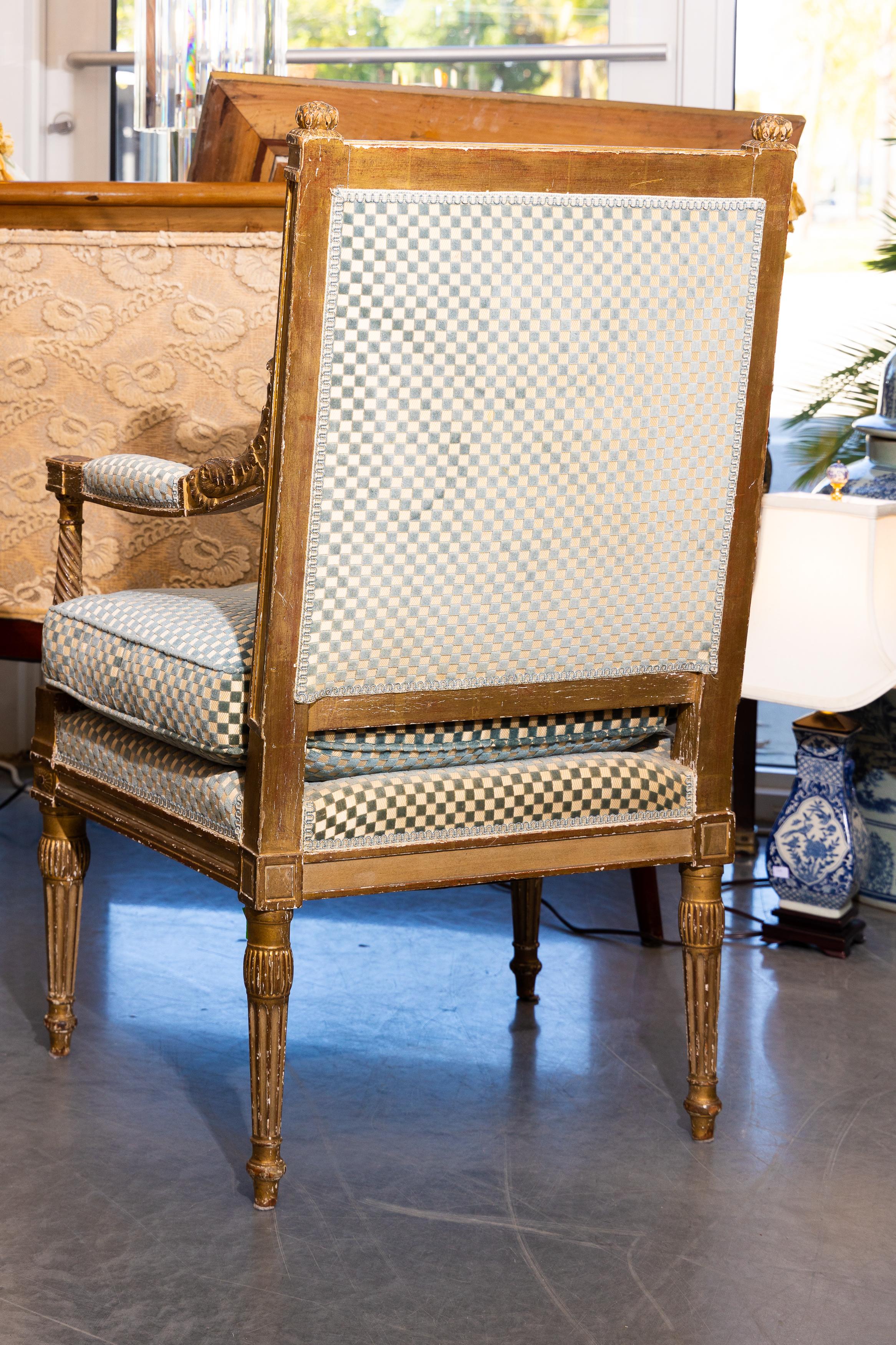 Hand-Carved Pair of Louis XVI Upholstered Arm Chairs
