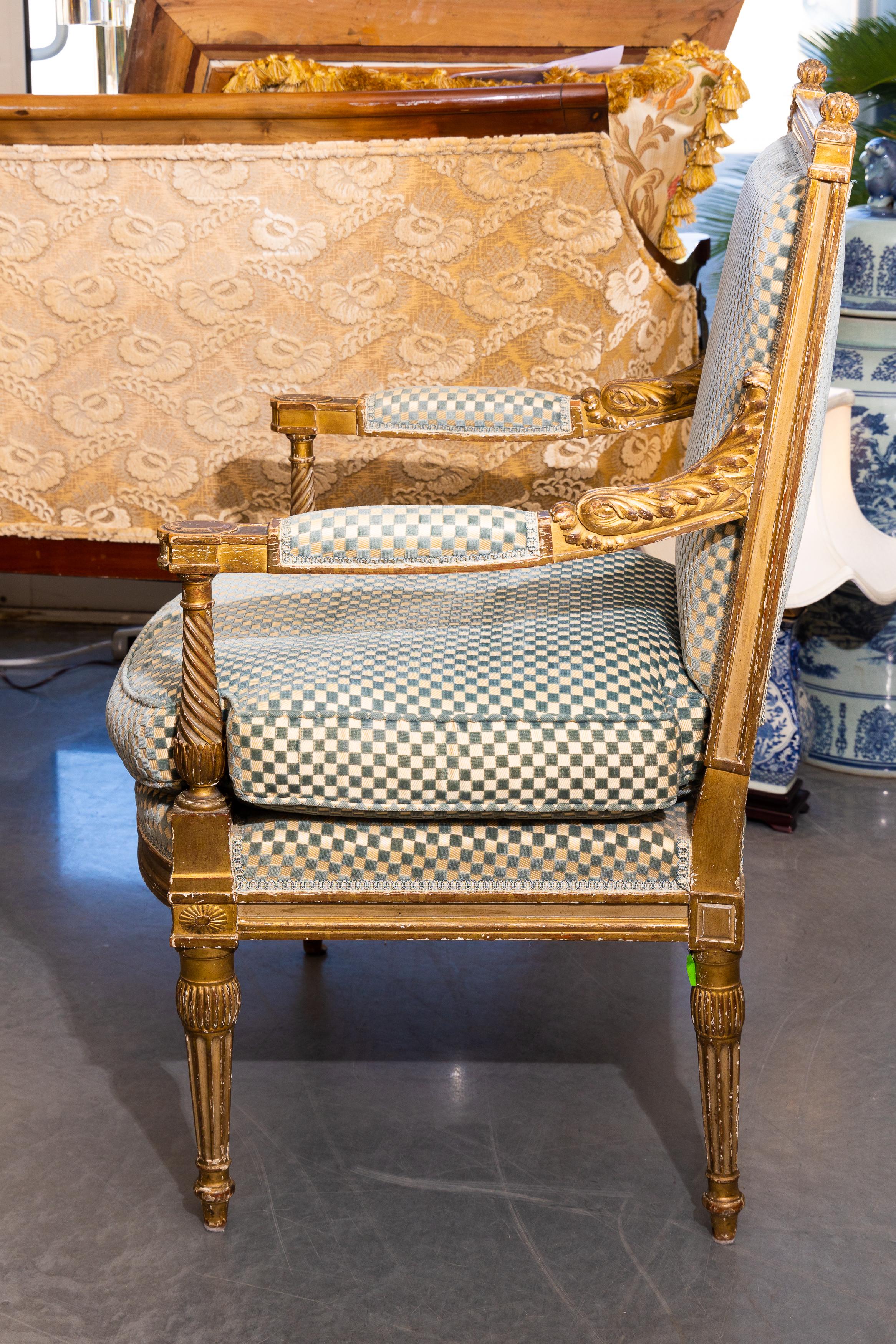 Wood Pair of Louis XVI Upholstered Arm Chairs
