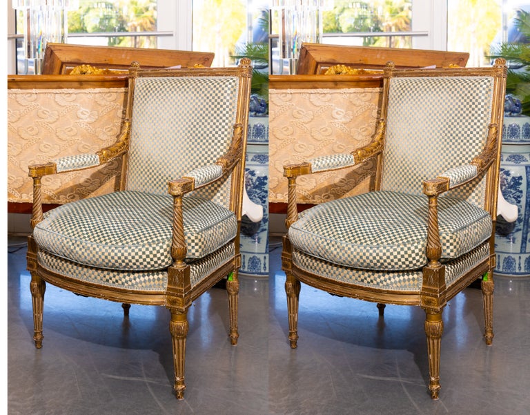 Pair of Louis XVI Upholstered Arm Chairs For Sale at 1stDibs