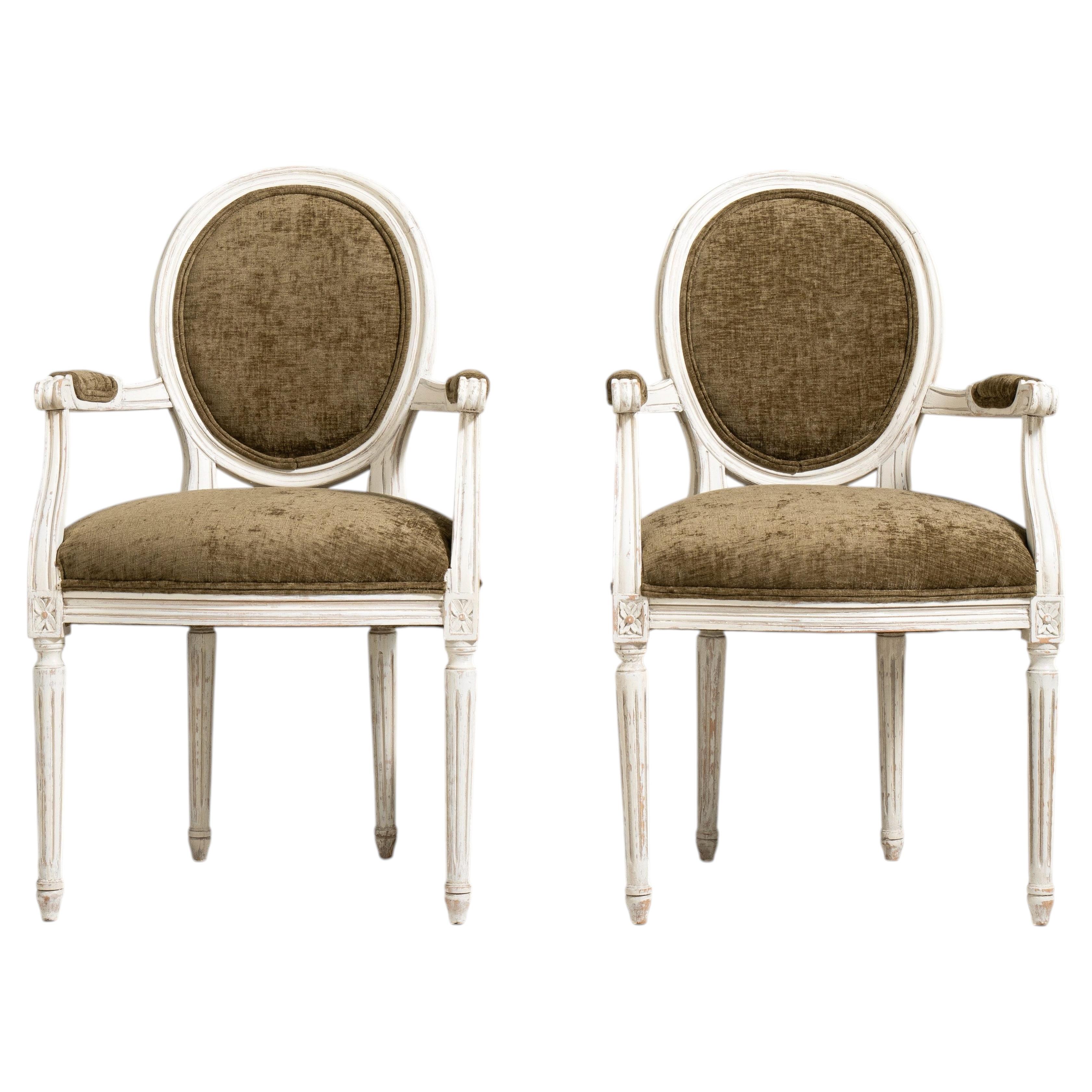 Louis XVI Upholstered Armchairs with Wood Frame, Neoclassical Style For Sale