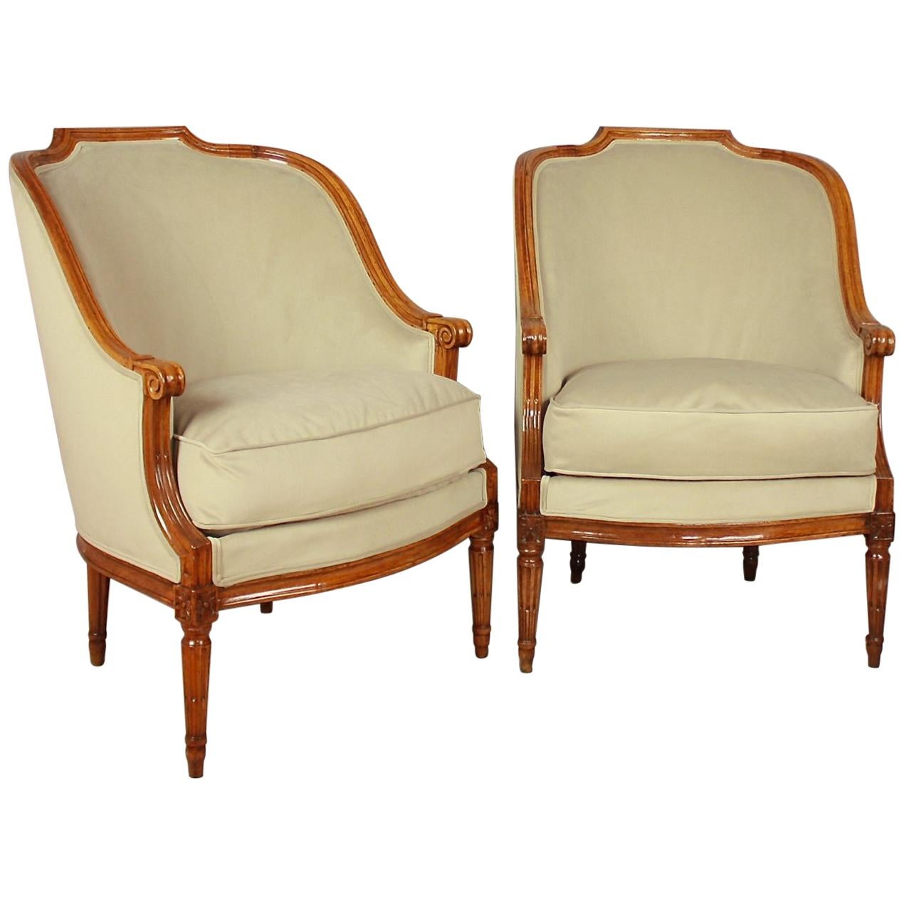 Pair of Louis XVI Walnut Bergeres or Armchairs, French, circa 1780