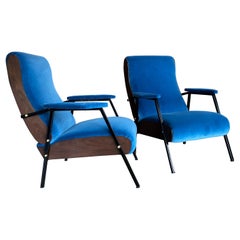 Pair of Lounge and Club Armchairs in Wood and Blu Suede, Italy, 1950s