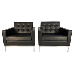 Pair Of Lounge Armchairs In Black Leather By Florence Knoll For Knoll Studio