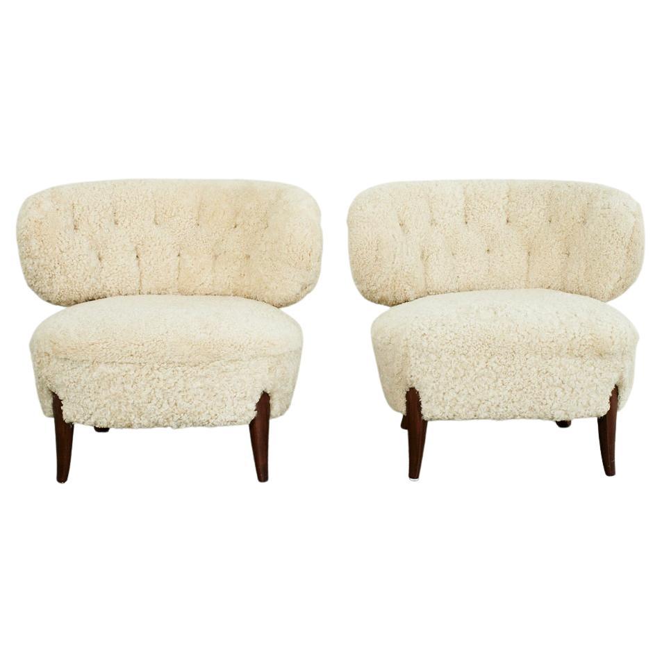 Pair of Lounge Armchairs in Wood and Sheepskin by Otto Schulz