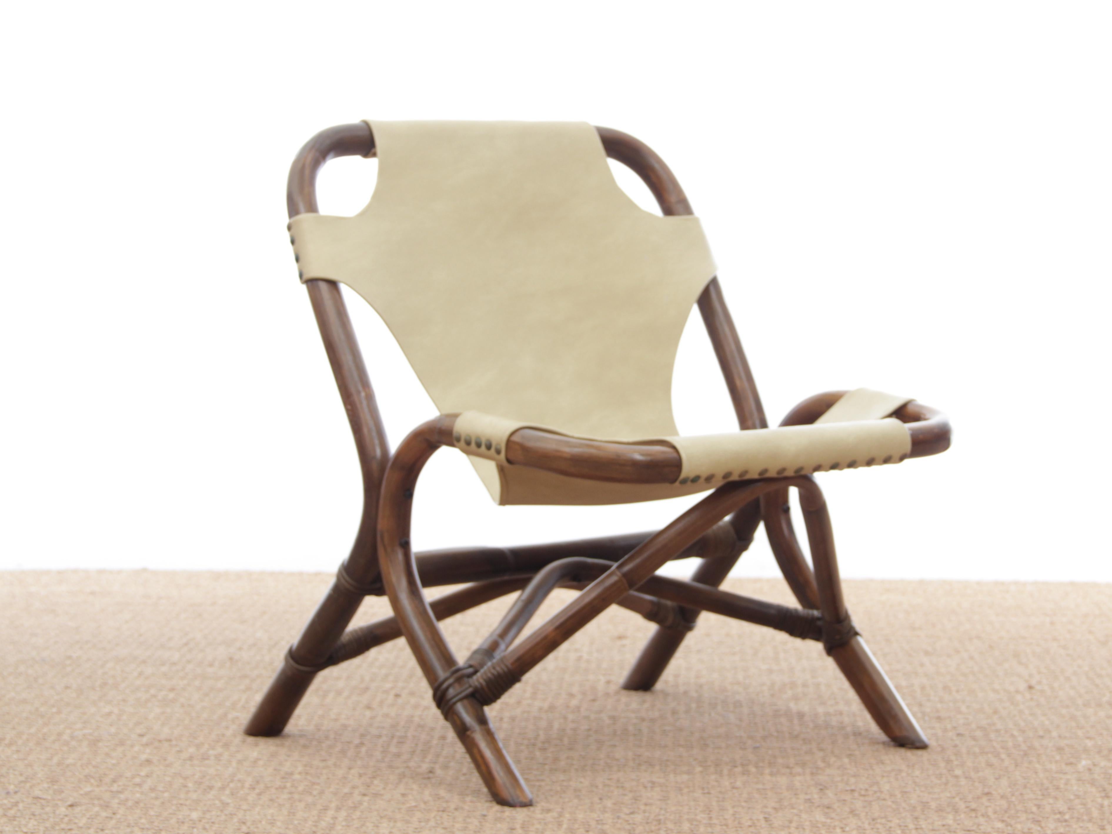 European Pair of Lounge Chair in Rattan and Simili Leather