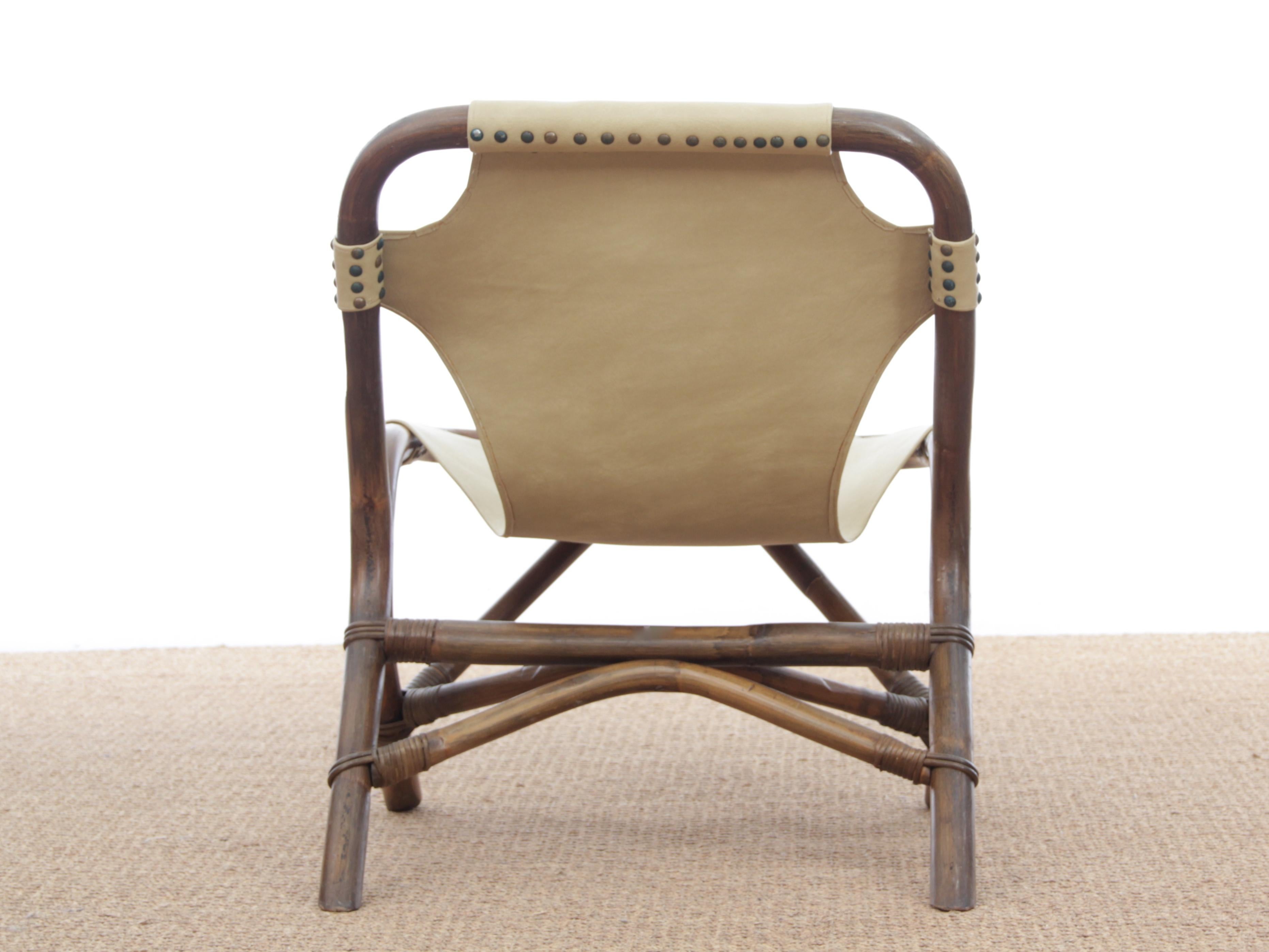 Faux Leather Pair of Lounge Chair in Rattan and Simili Leather