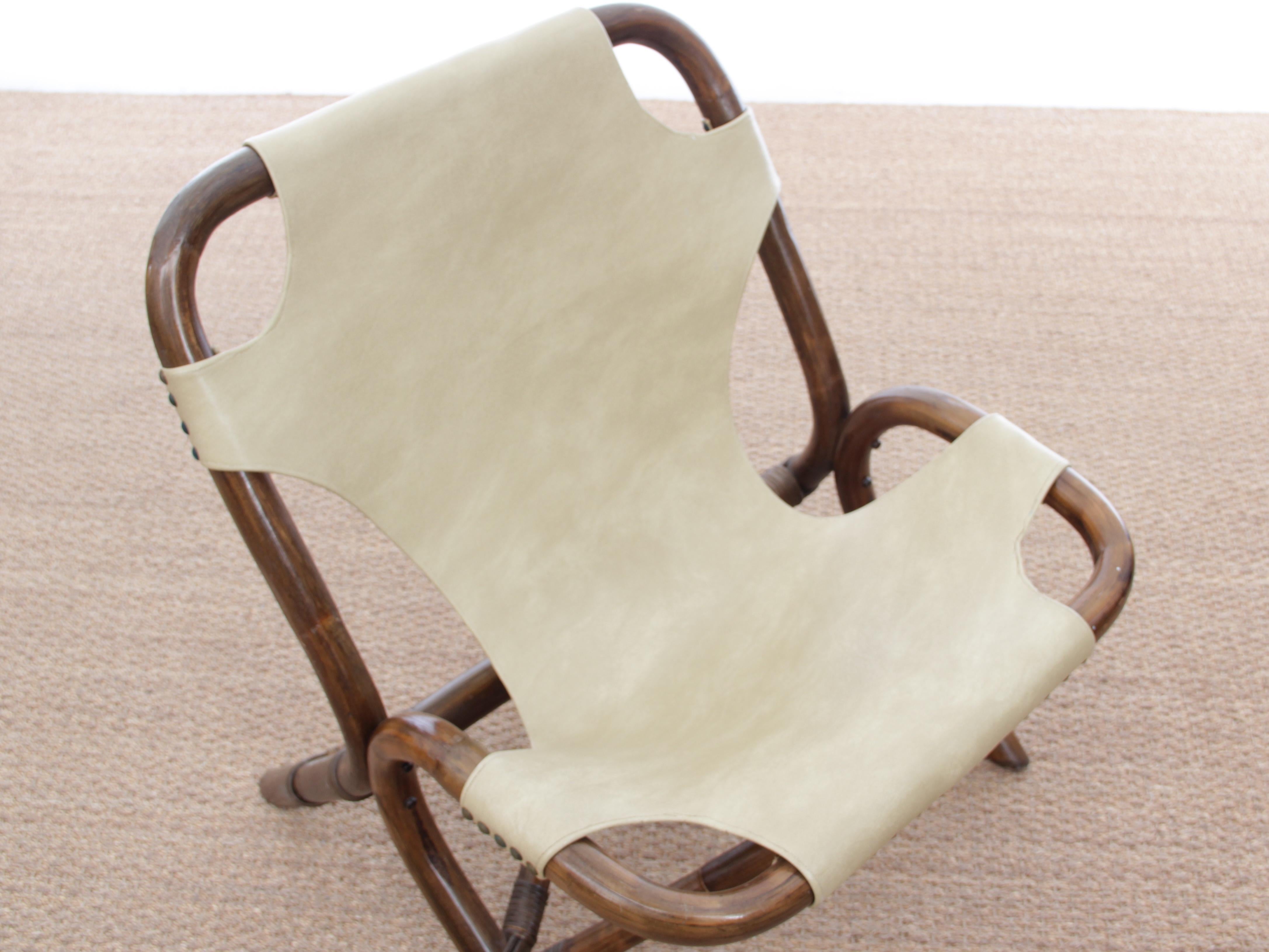 Pair of Lounge Chair in Rattan and Simili Leather 1